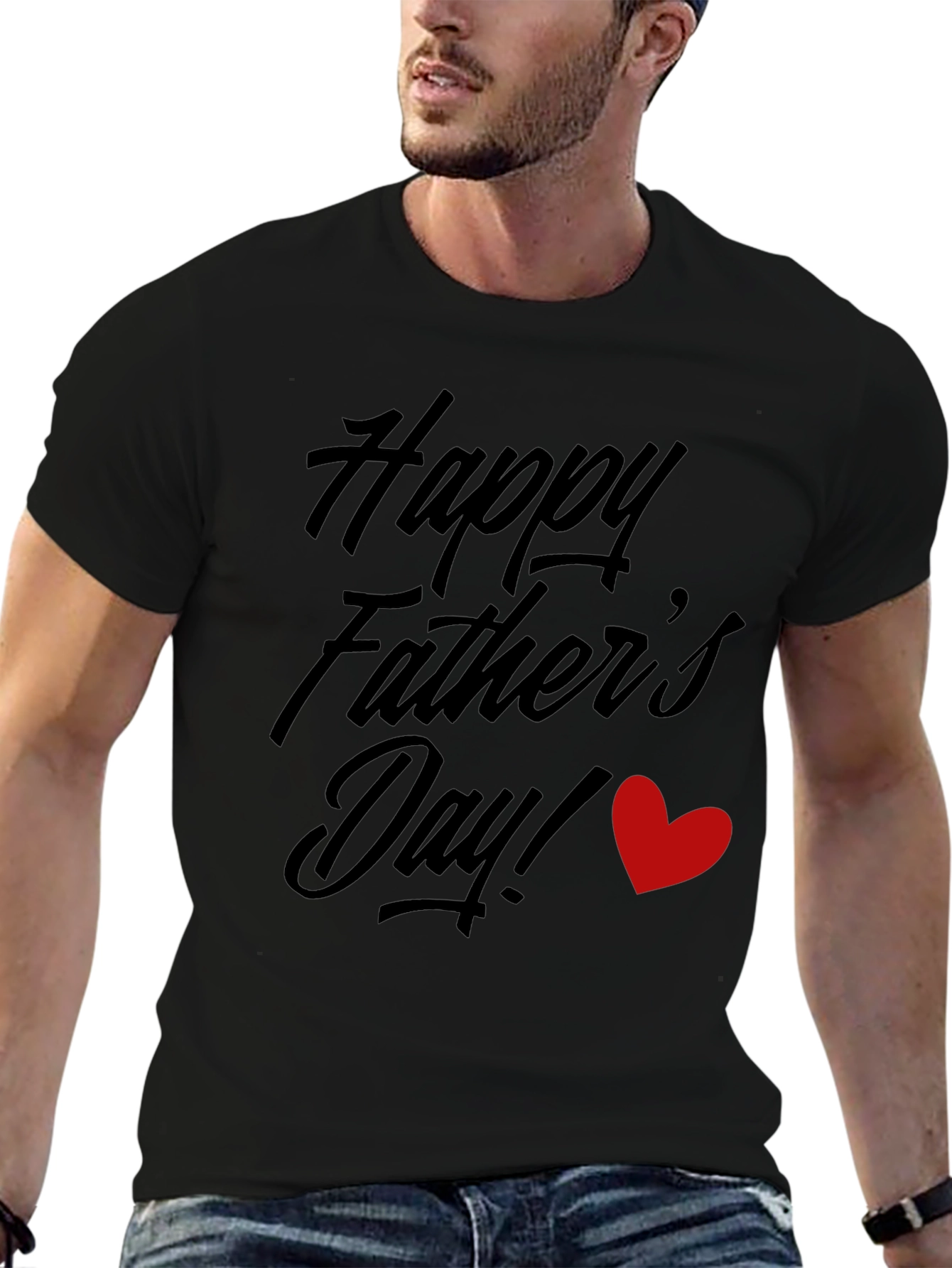 Happy Fathers Day Black T-Shirt with Red Heart
