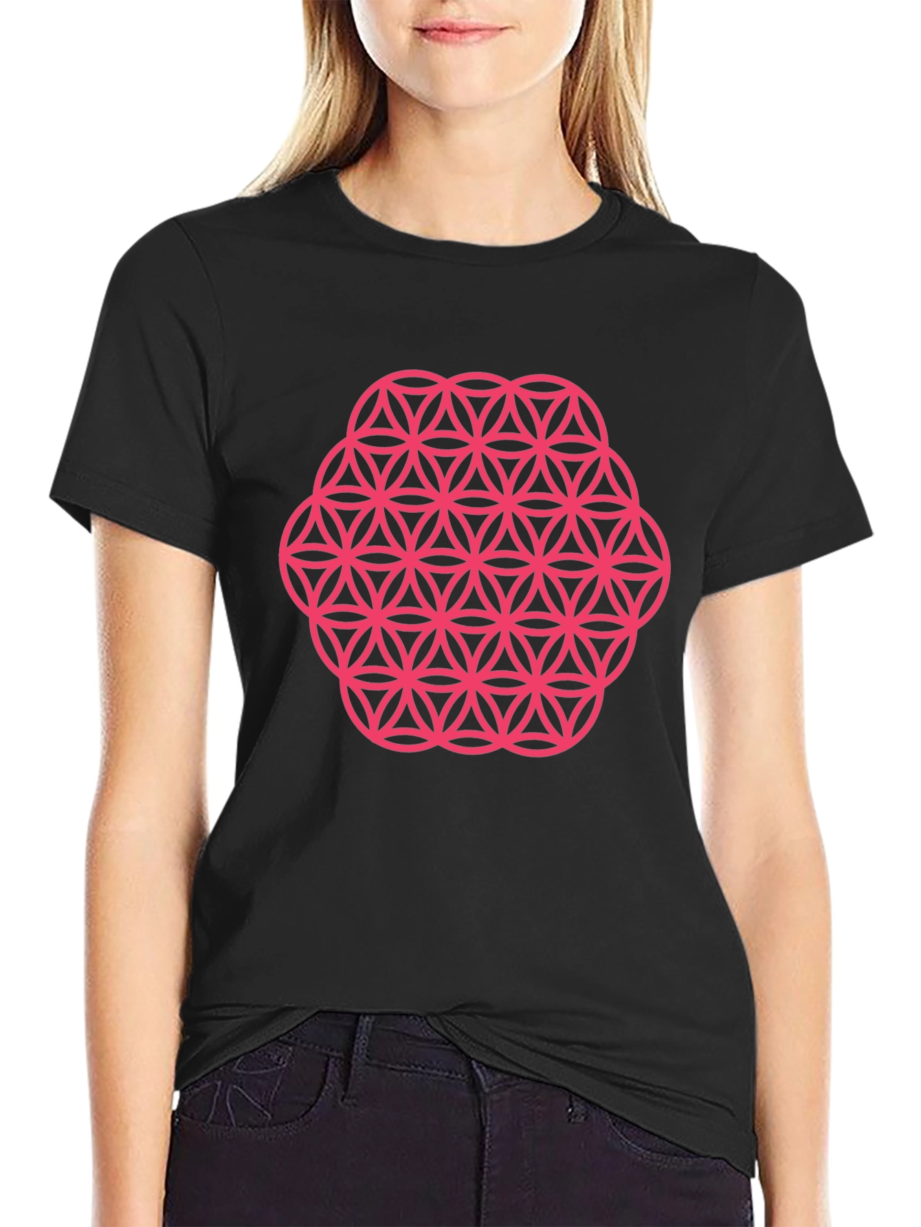 Mens Black T-Shirt with Pink Flower of Life Graphic