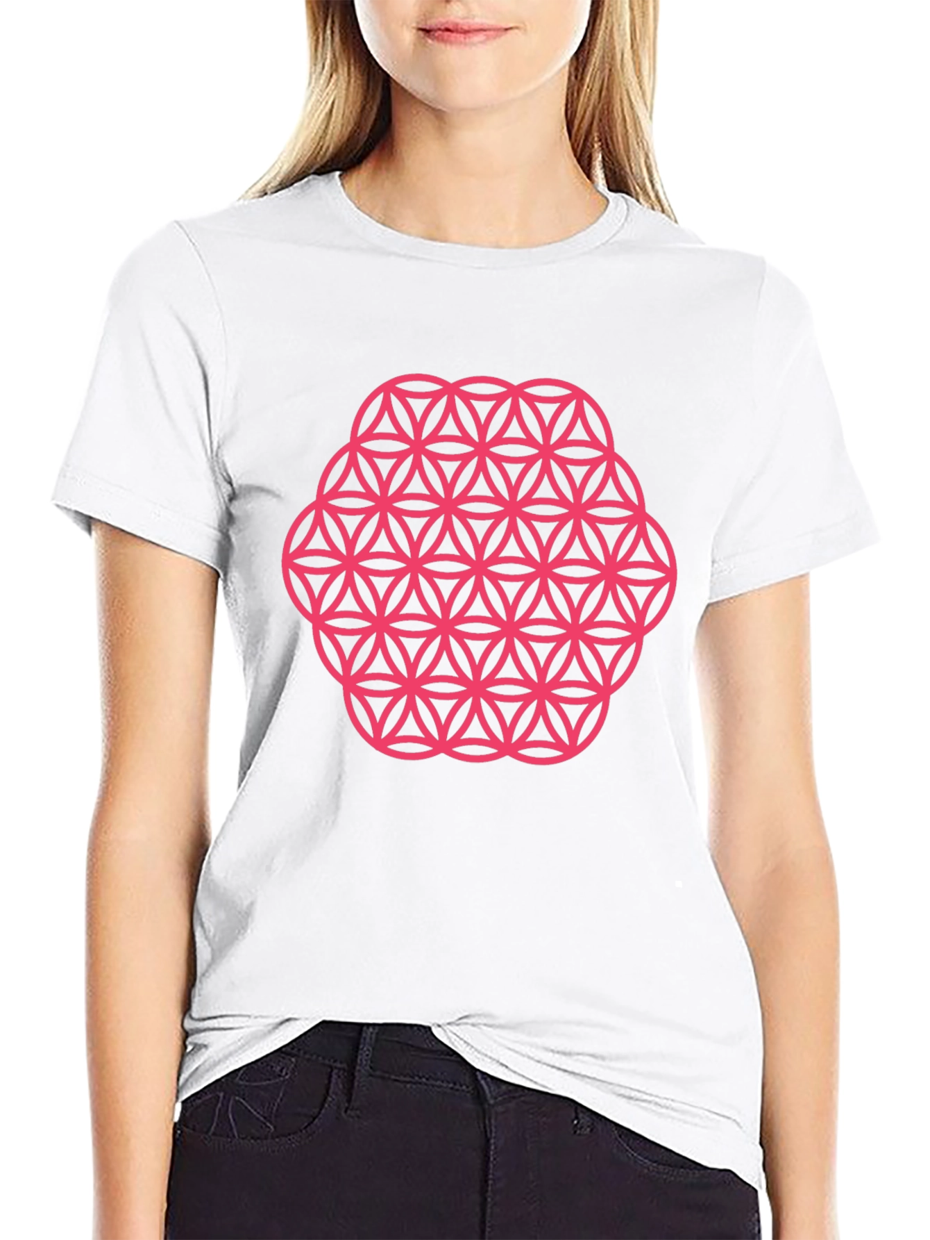 Mens Black T-Shirt with Pink Flower of Life Graphic