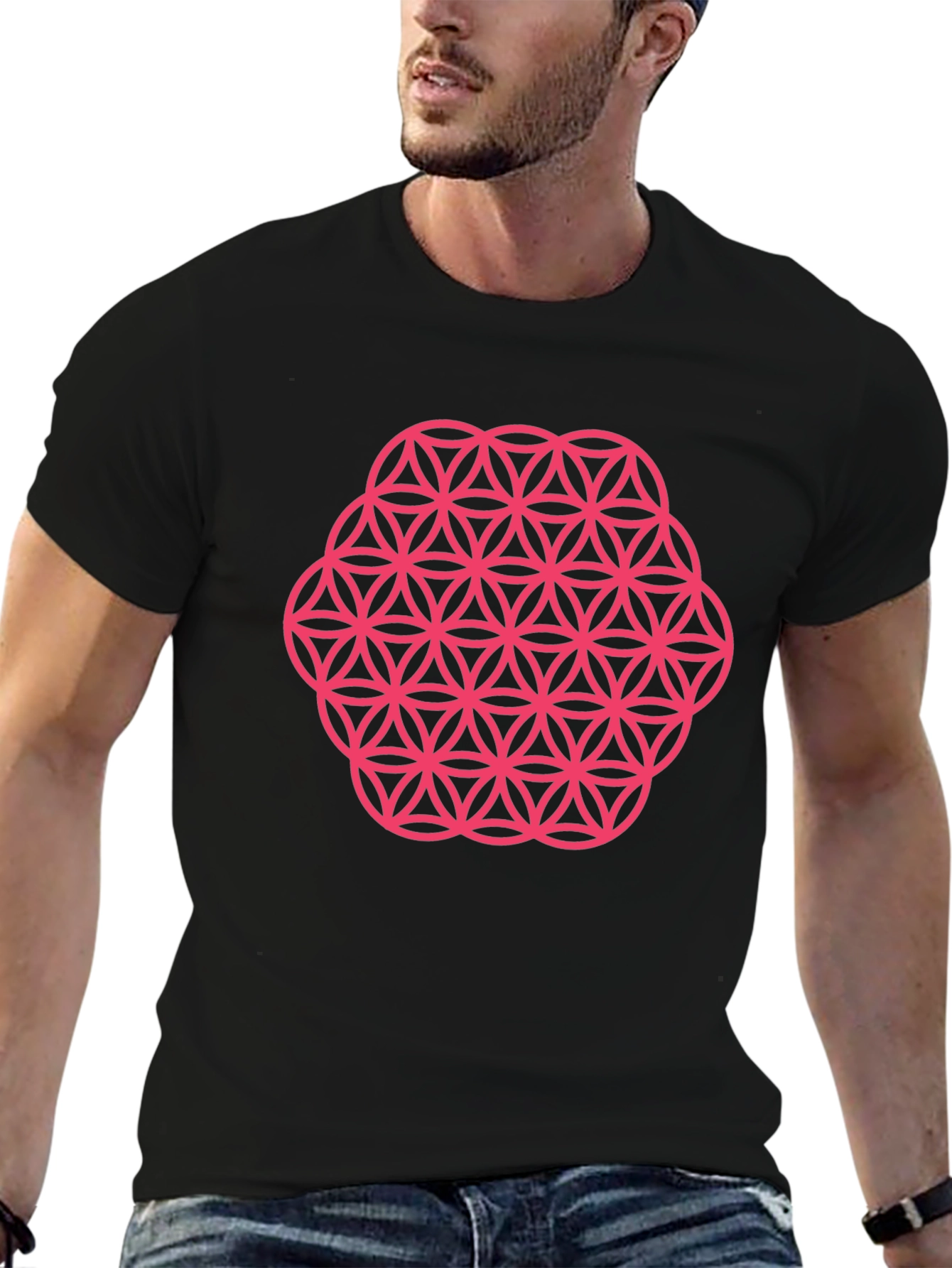 Mens Black T-Shirt with Pink Flower of Life Graphic