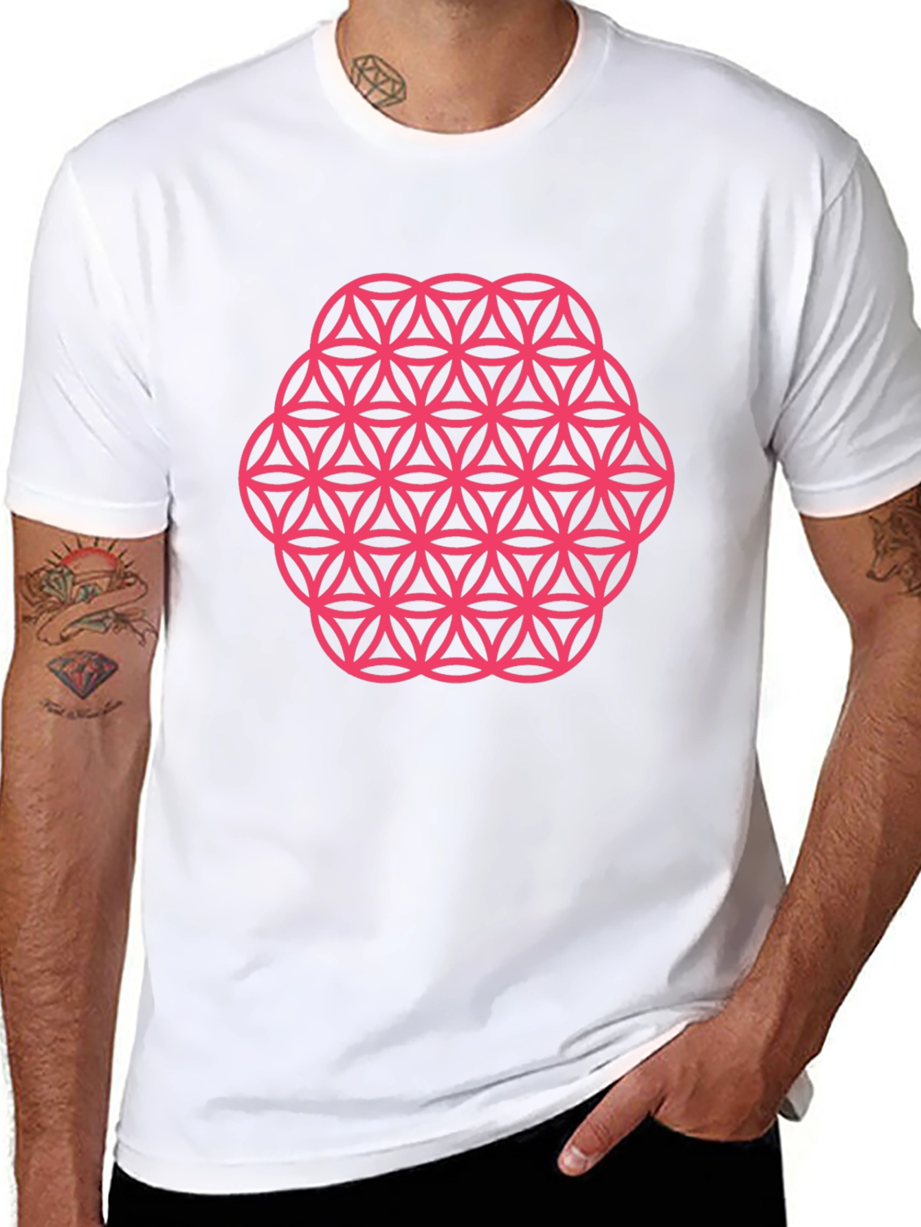 Mens Black T-Shirt with Pink Flower of Life Graphic