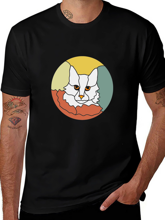 Retro Cat Graphic Tee - Black Cotton T-Shirt