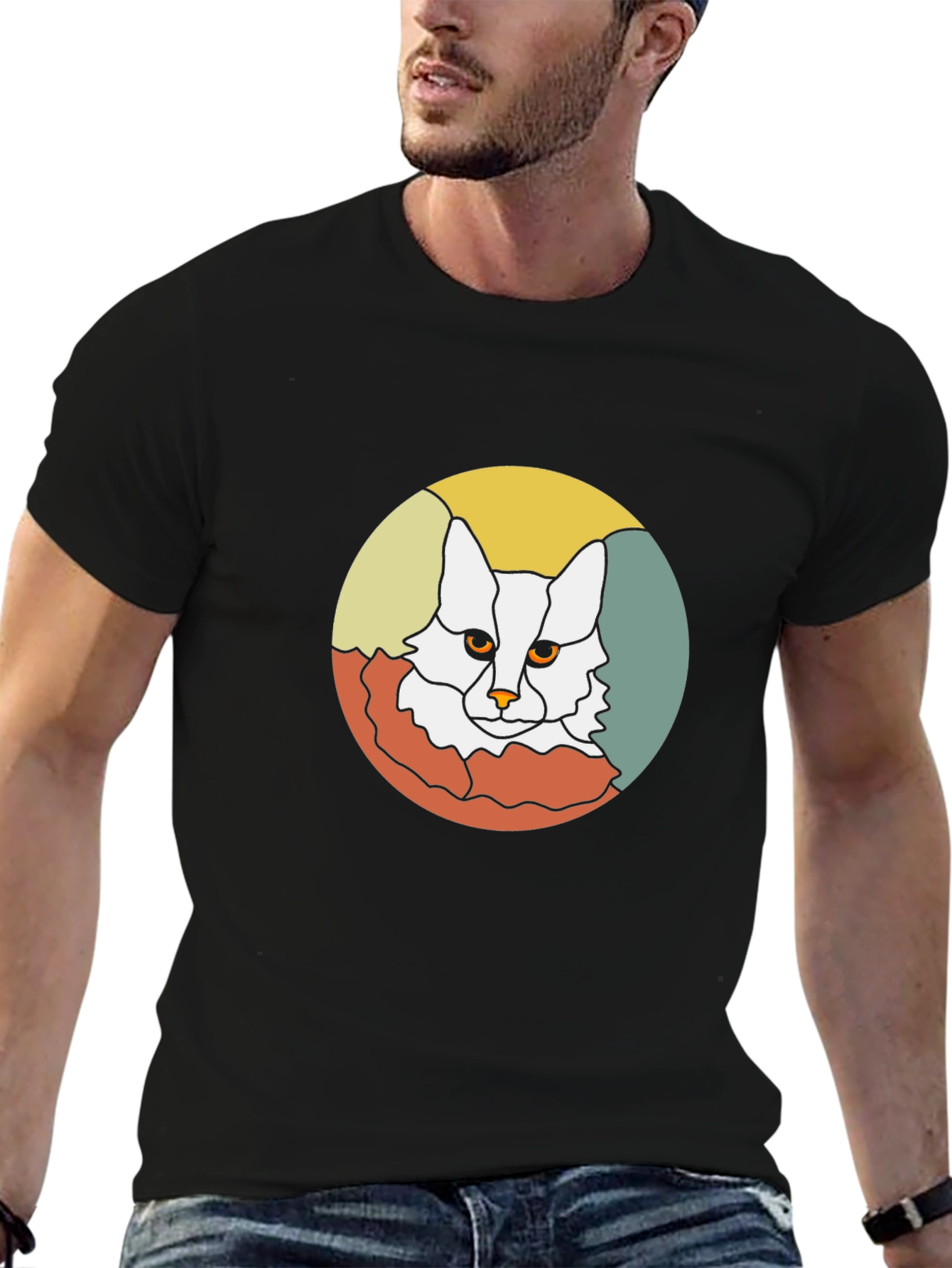 Retro Cat Graphic Tee - Black Cotton T-Shirt