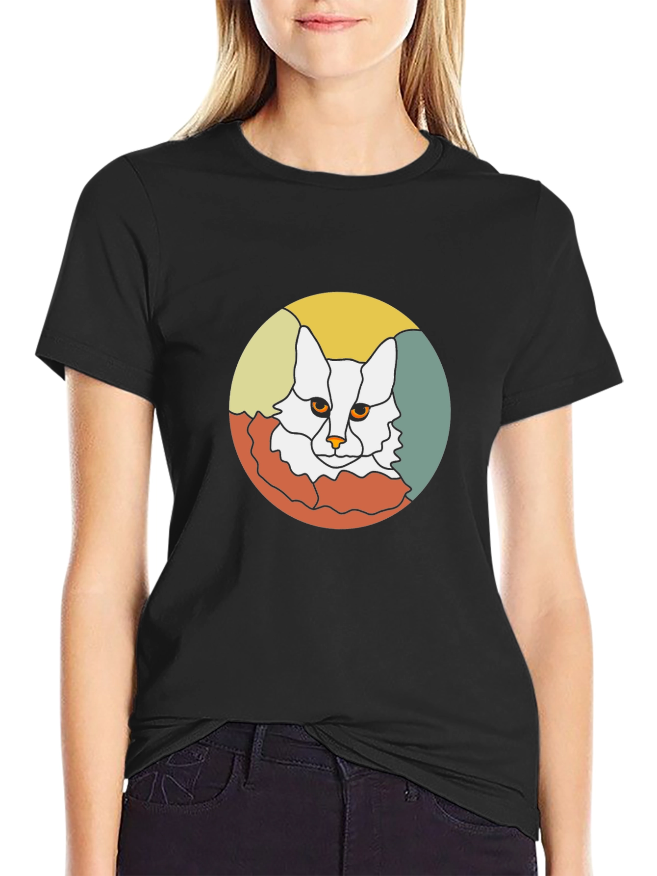 Retro Cat Graphic Tee - Black Cotton T-Shirt