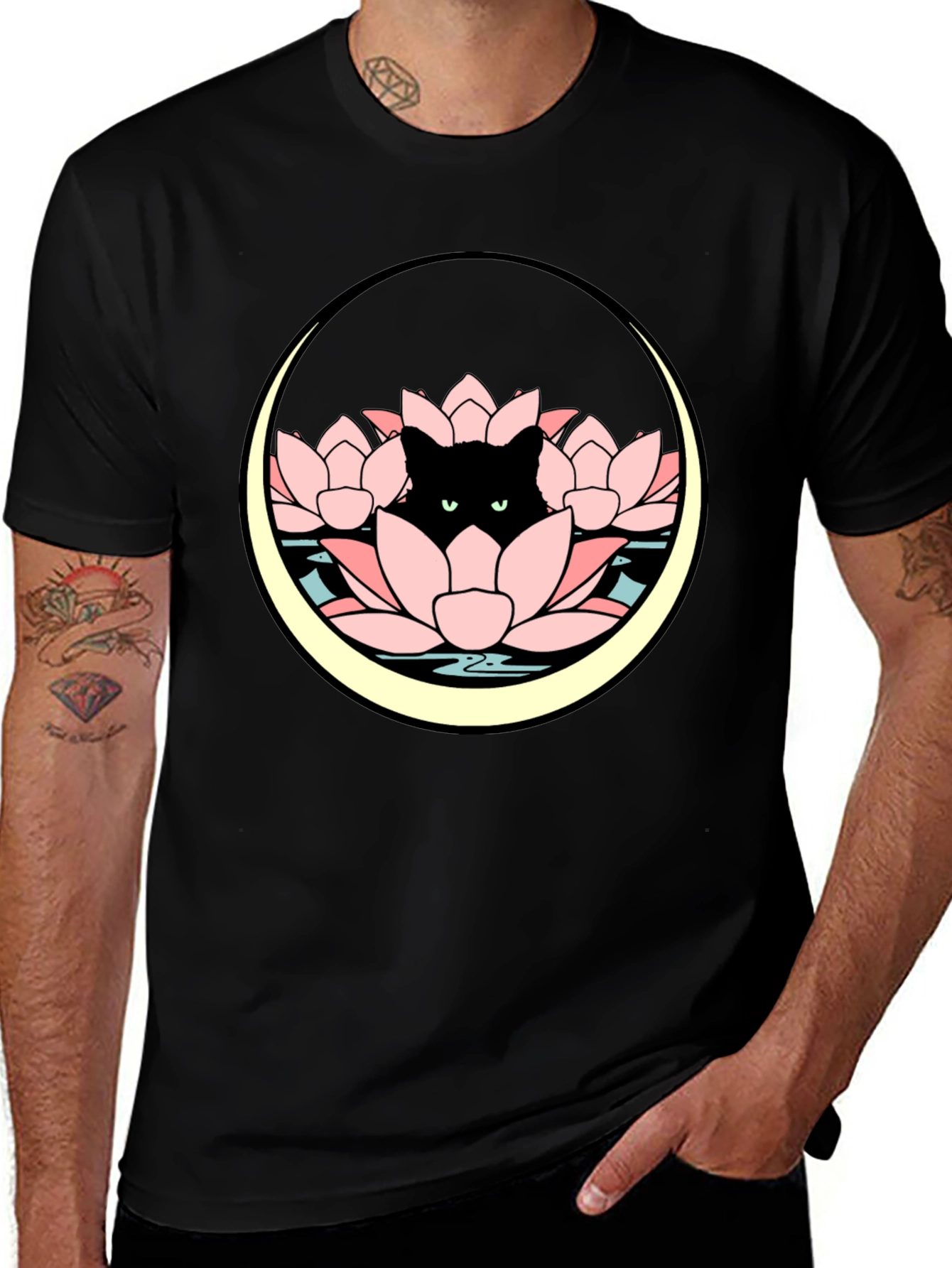 Lotus Cat Graphic Tee - Black