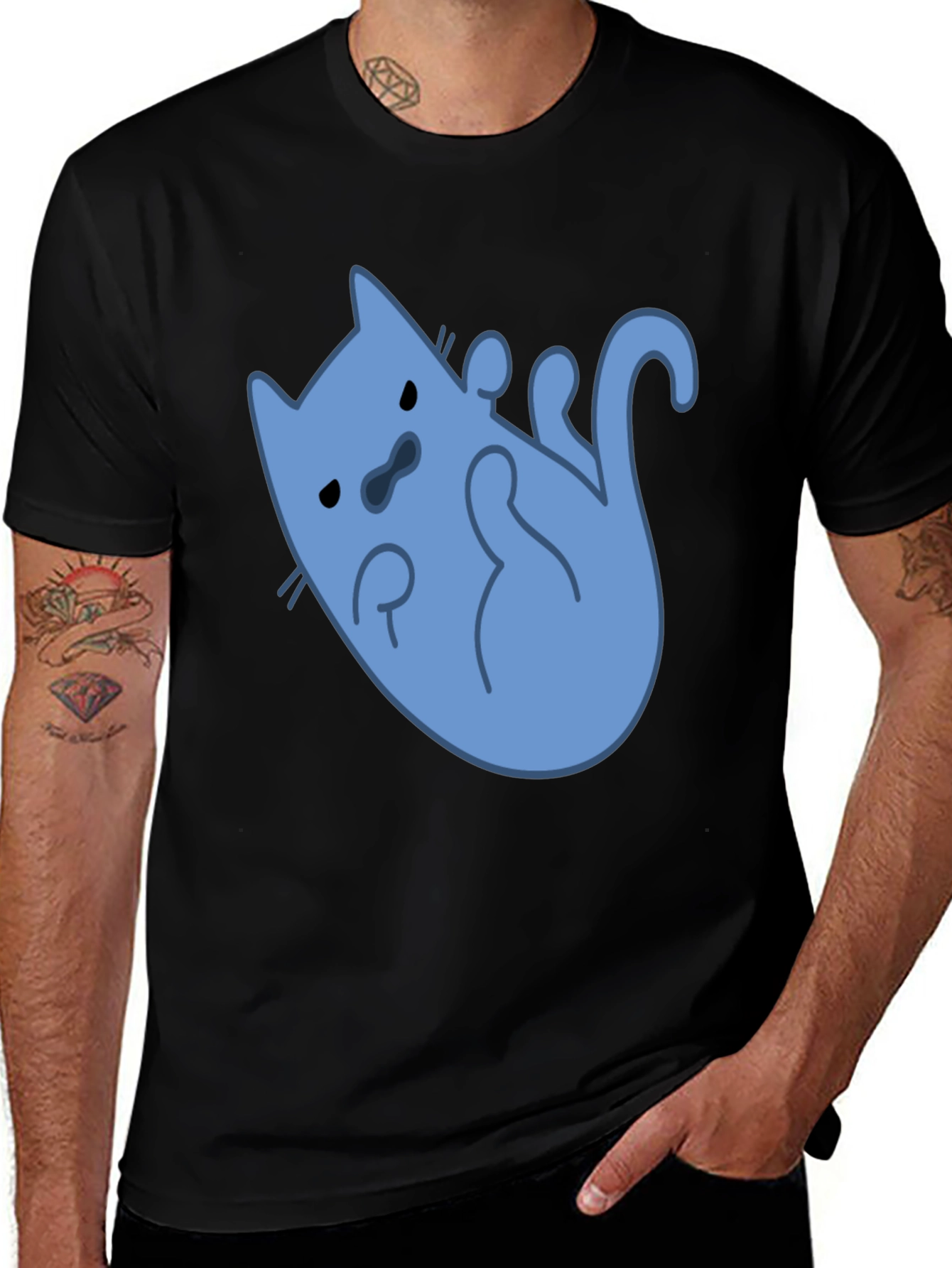 Funny Blue Cat T-Shirt - Black Cotton Tee