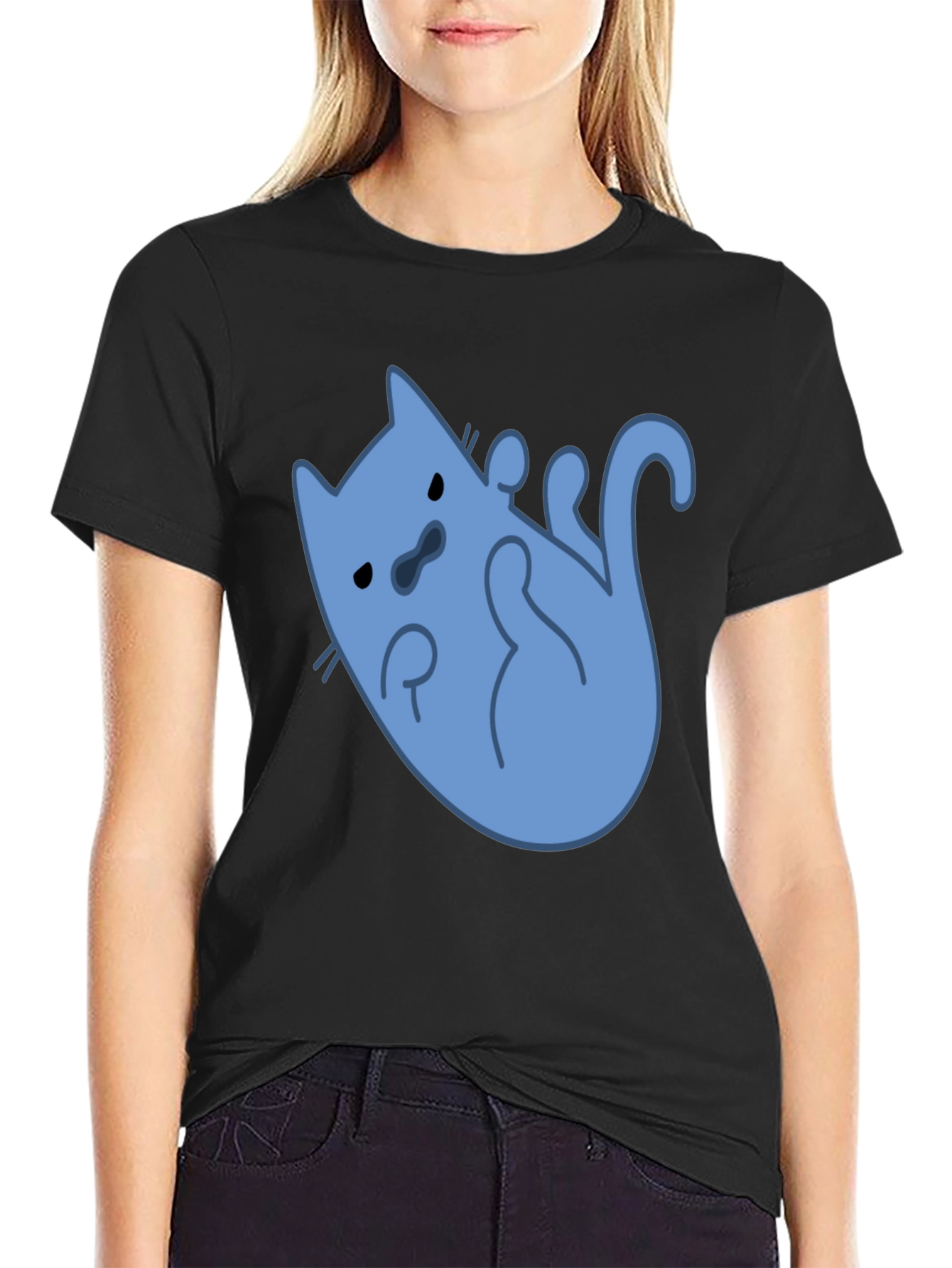 Funny Blue Cat T-Shirt - Black Cotton Tee