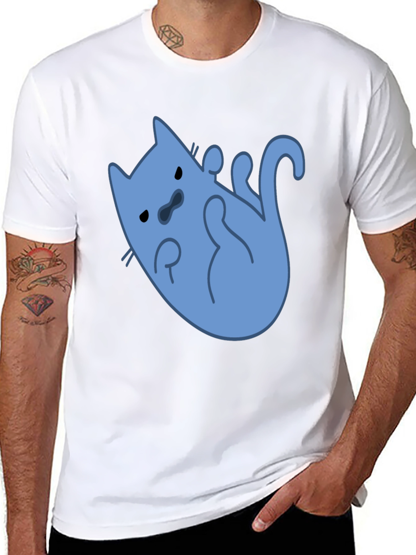 Funny Blue Cat T-Shirt - Black Cotton Tee