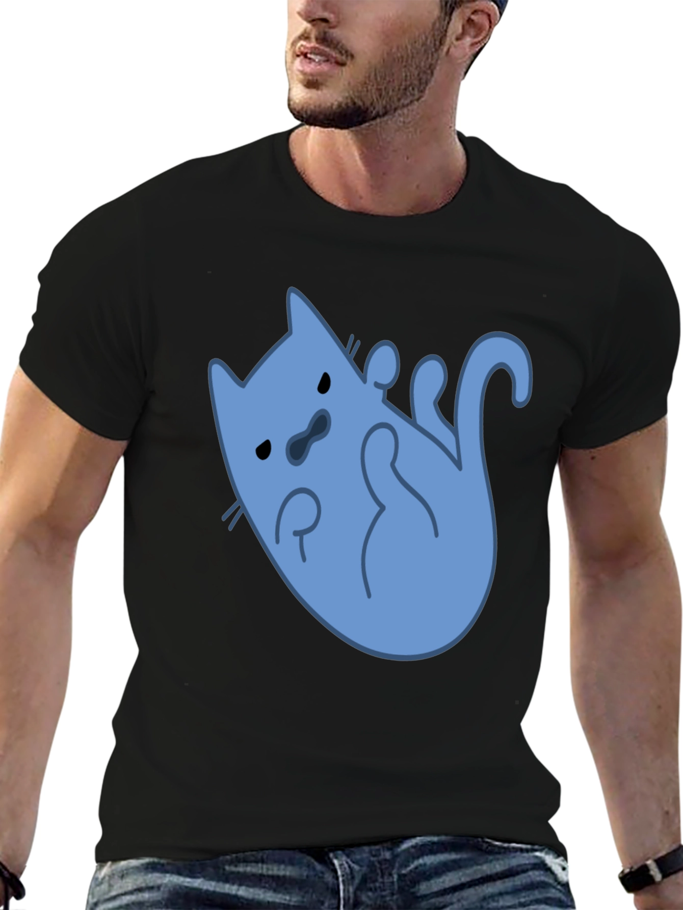 Funny Blue Cat T-Shirt - Black Cotton Tee