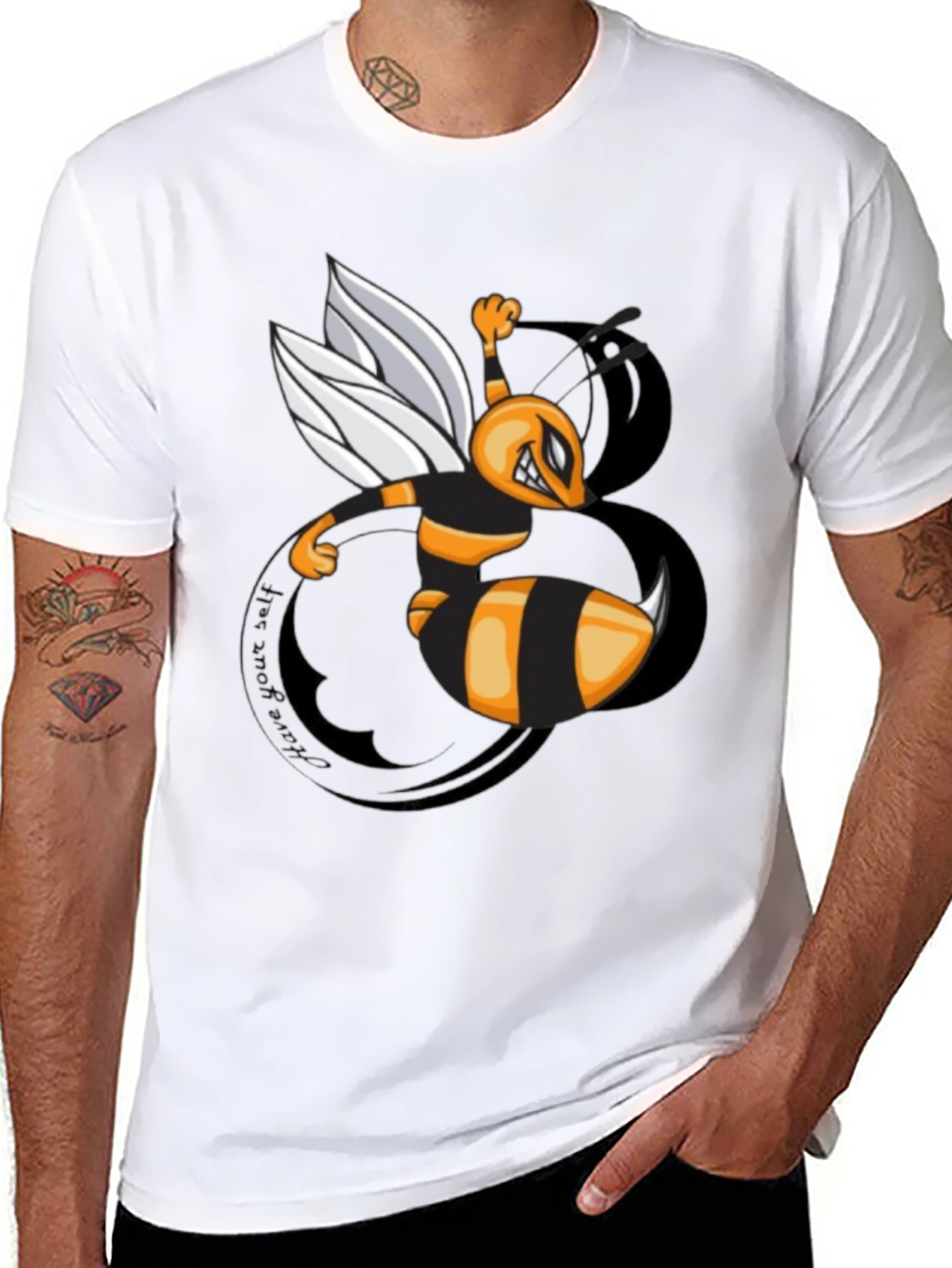 Mens Black Cartoon Bee Graphic T-Shirt