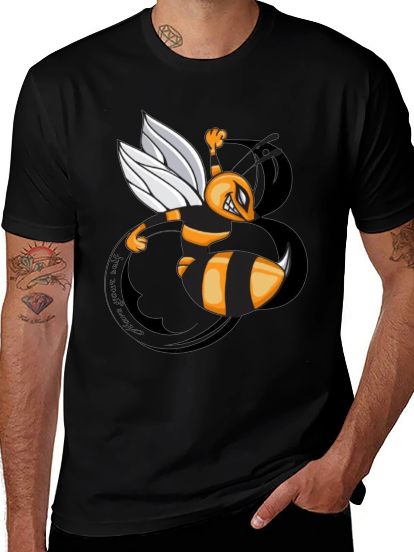 Mens Black Cartoon Bee Graphic T-Shirt