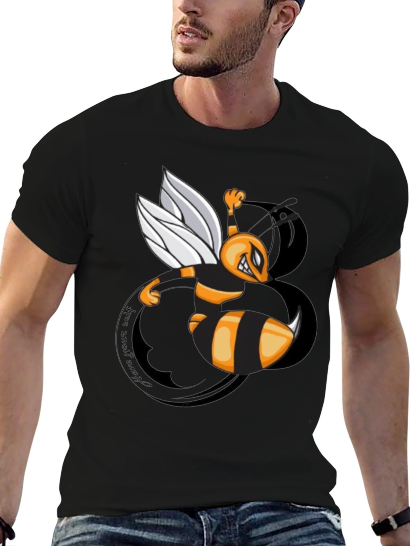 Mens Black Cartoon Bee Graphic T-Shirt