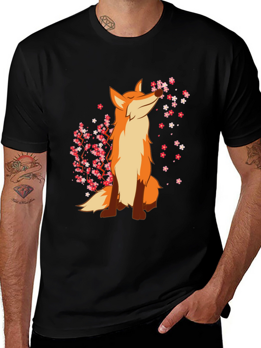 Fox and Cherry Blossom Black T-Shirt