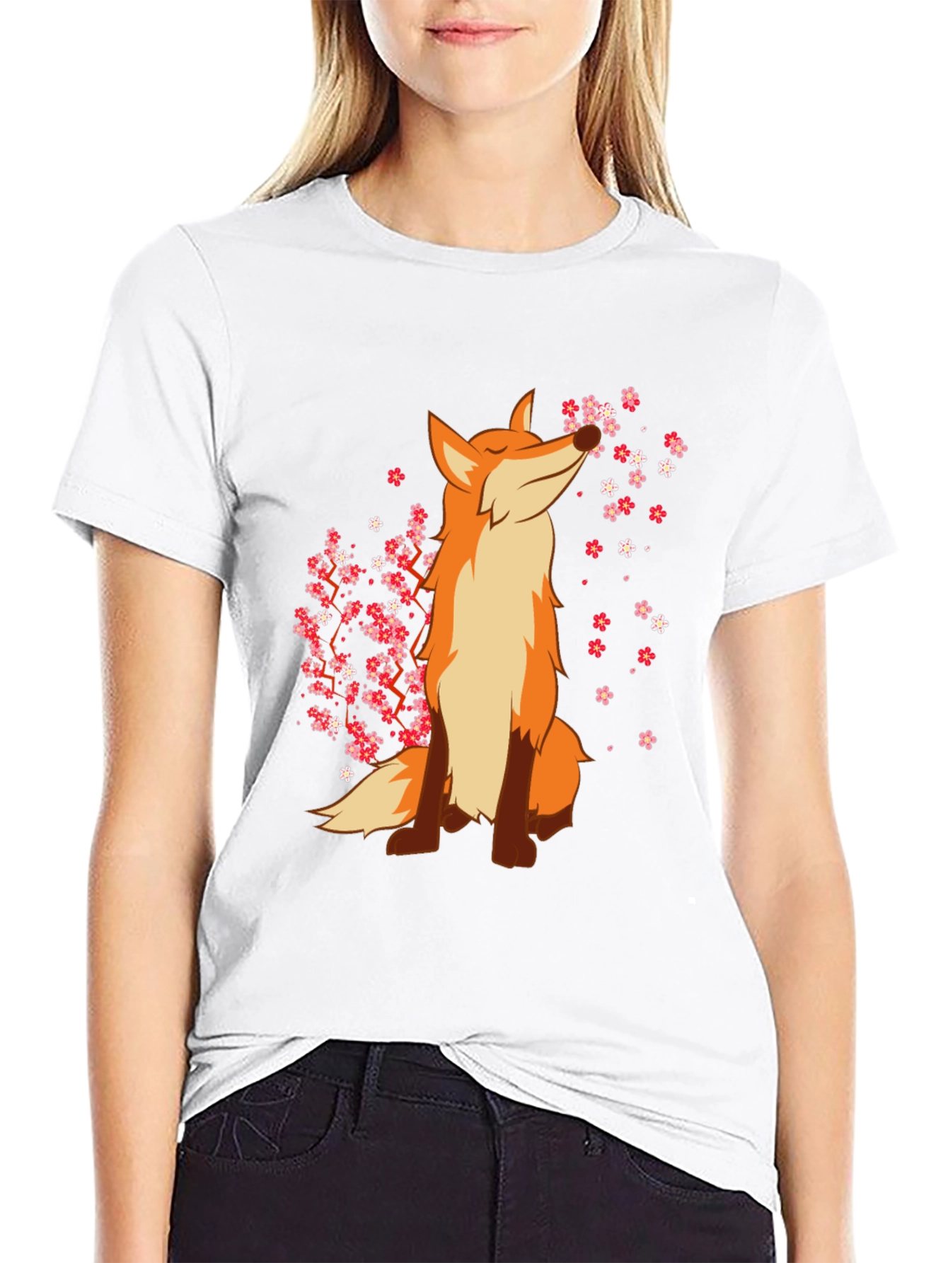 Fox and Cherry Blossom Black T-Shirt