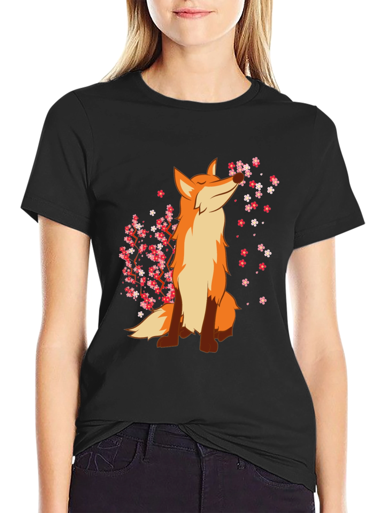 Fox and Cherry Blossom Black T-Shirt