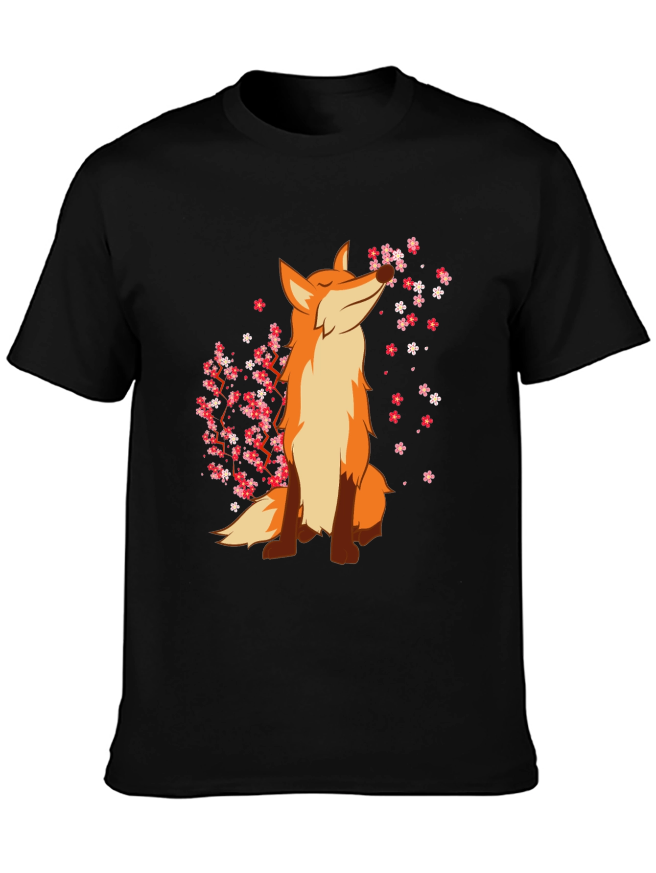 Fox and Cherry Blossom Black T-Shirt