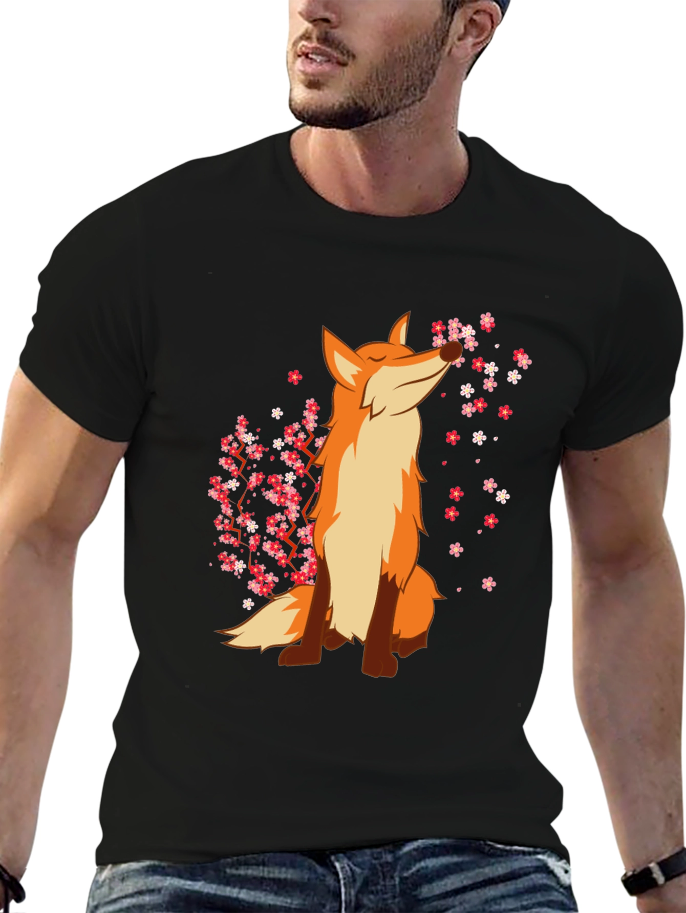 Fox and Cherry Blossom Black T-Shirt