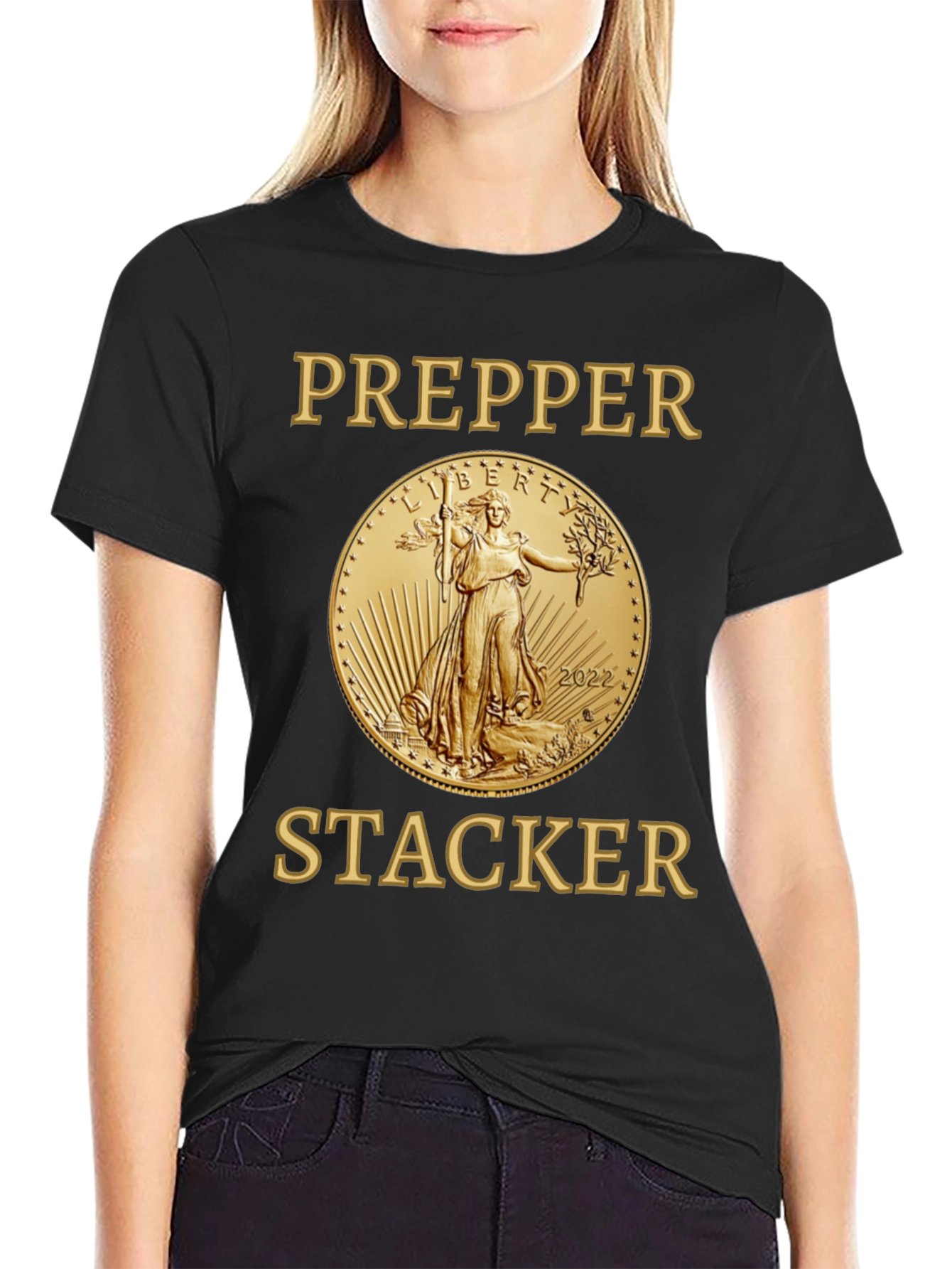 Prepper Stacker T-Shirt Gold Coin Liberty