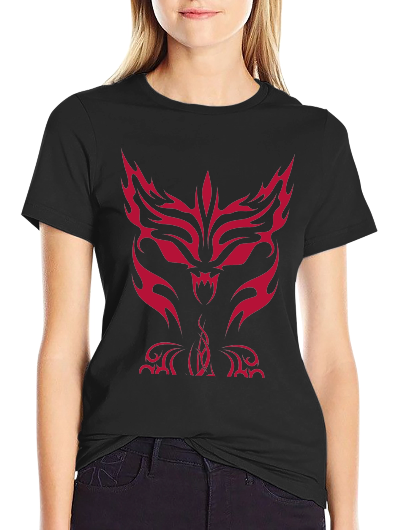 Mens Black T-Shirt with Red Tribal Wolf Design