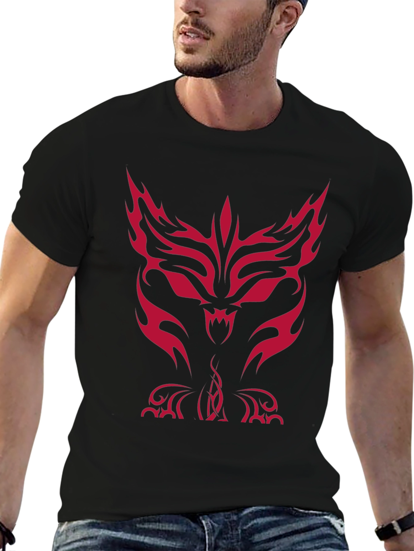 Mens Black T-Shirt with Red Tribal Wolf Design