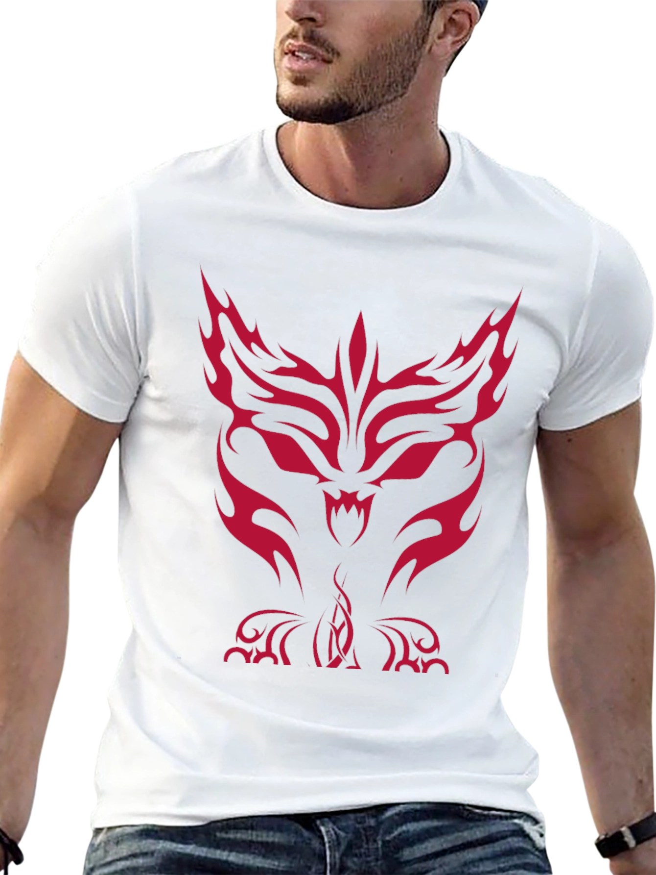Mens Black T-Shirt with Red Tribal Wolf Design