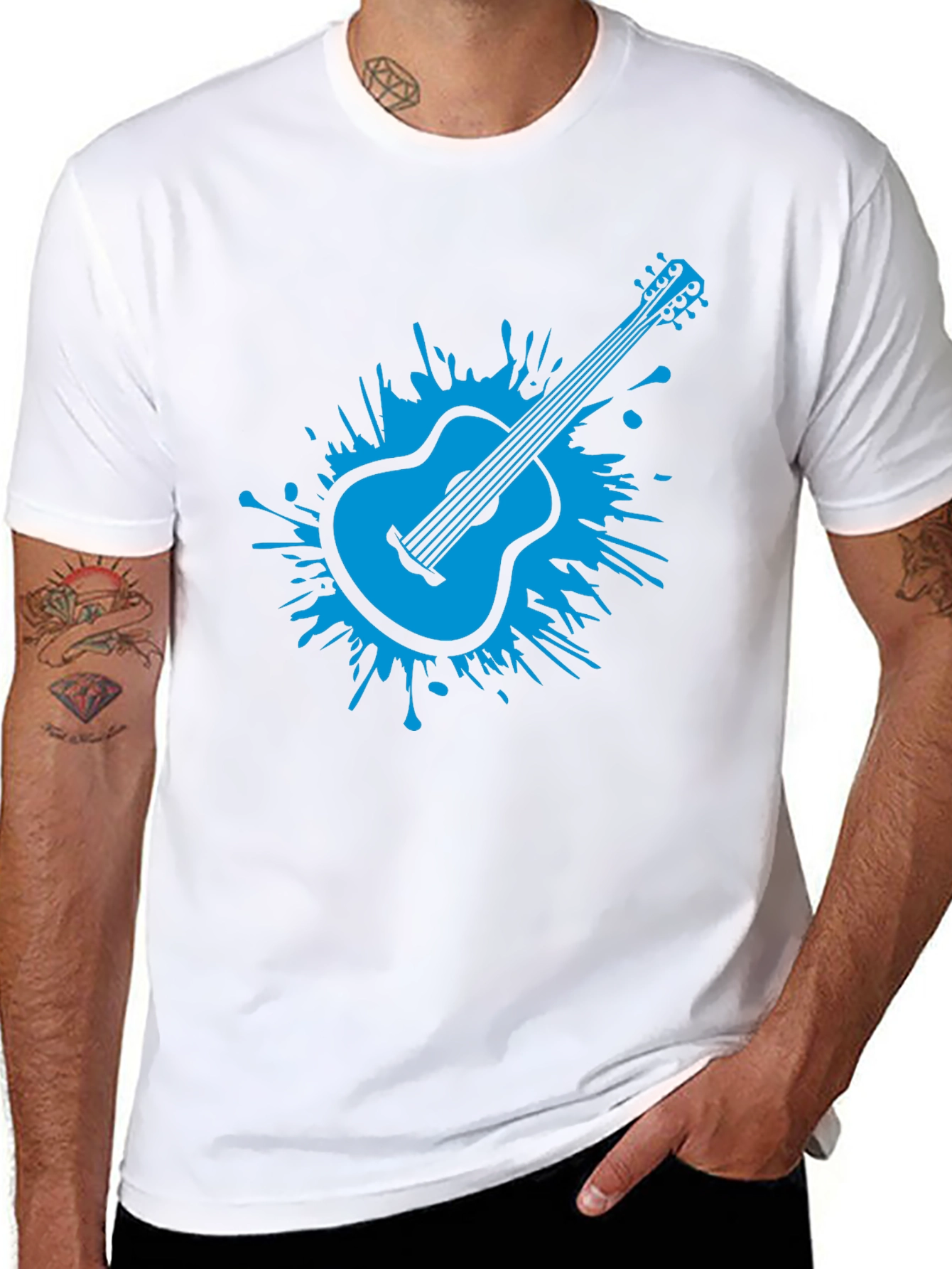 Blue Guitar Splash Mens Black T-Shirt