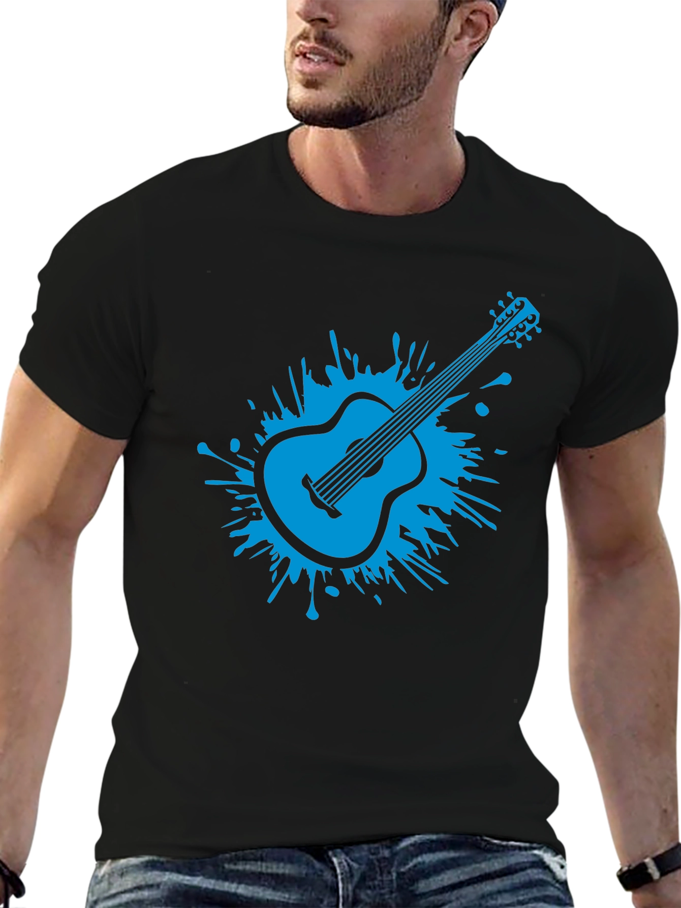 Blue Guitar Splash Mens Black T-Shirt