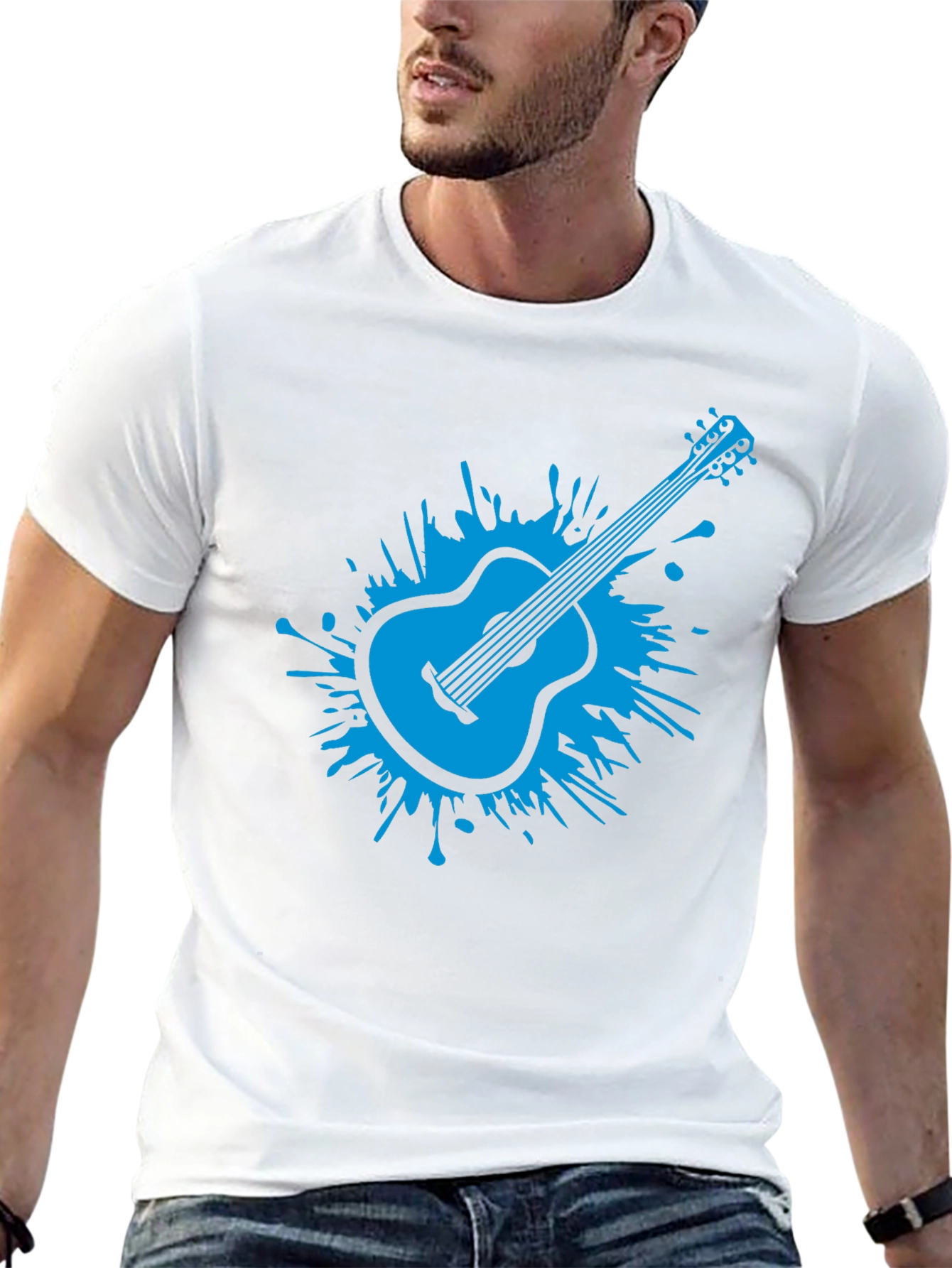 Blue Guitar Splash Mens Black T-Shirt
