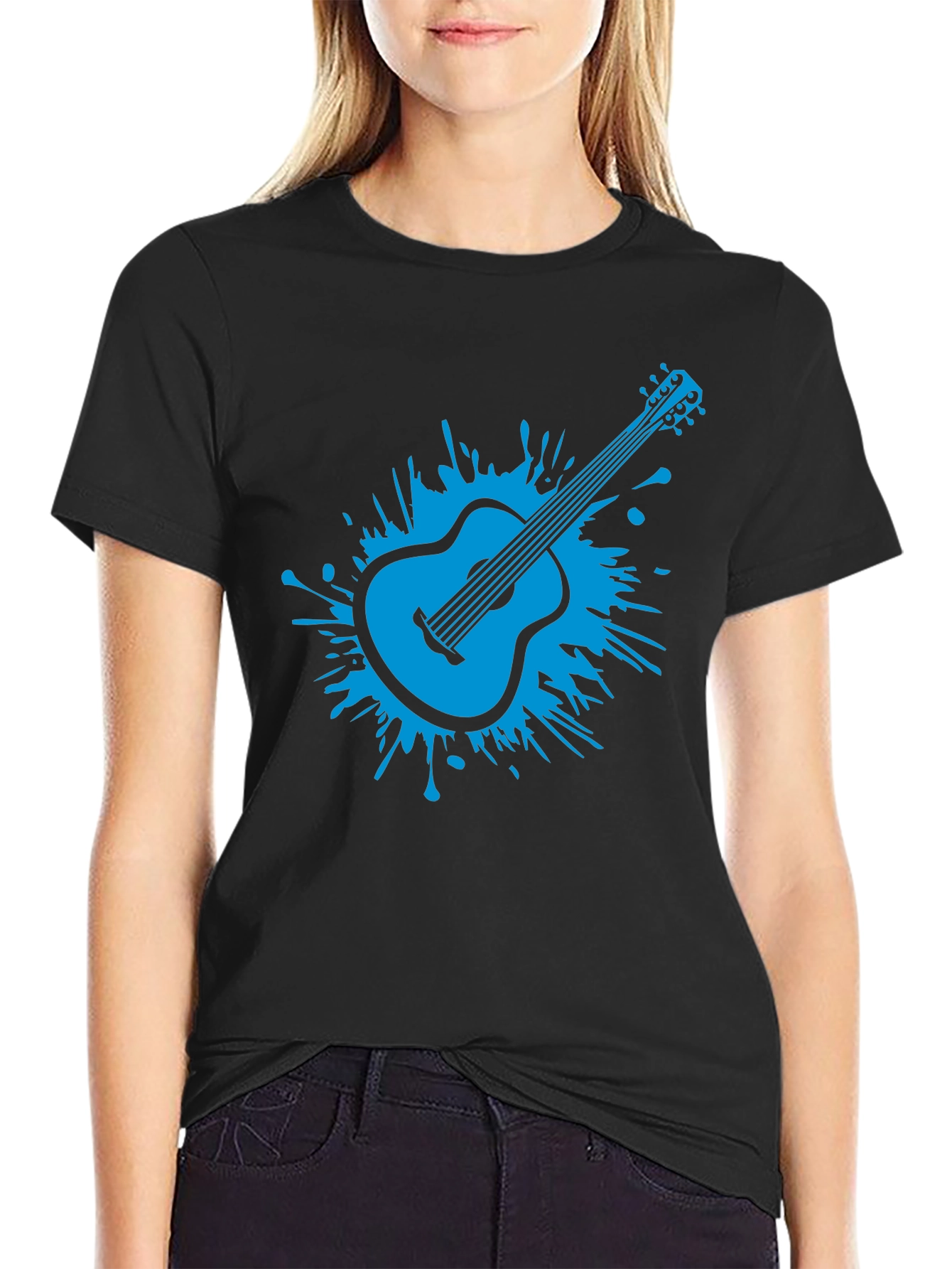 Blue Guitar Splash Mens Black T-Shirt