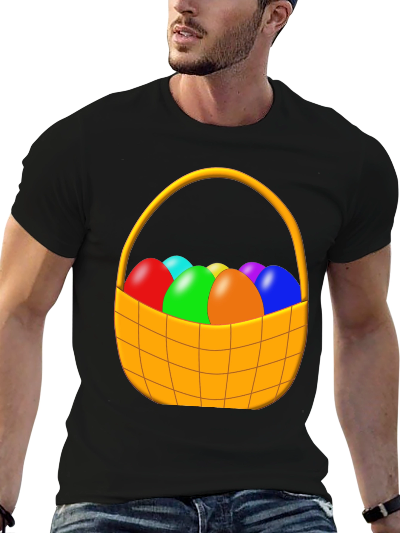 Easter Egg Basket Graphic Tee - Black Cotton Shirt