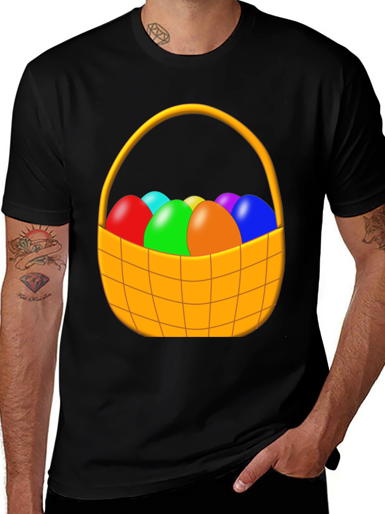 Easter Egg Basket Graphic Tee - Black Cotton Shirt