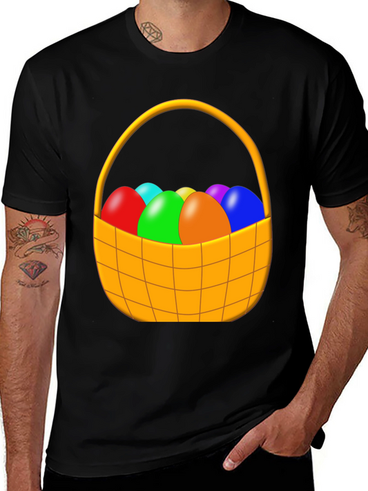 Easter Egg Basket Graphic Tee - Black Cotton Shirt