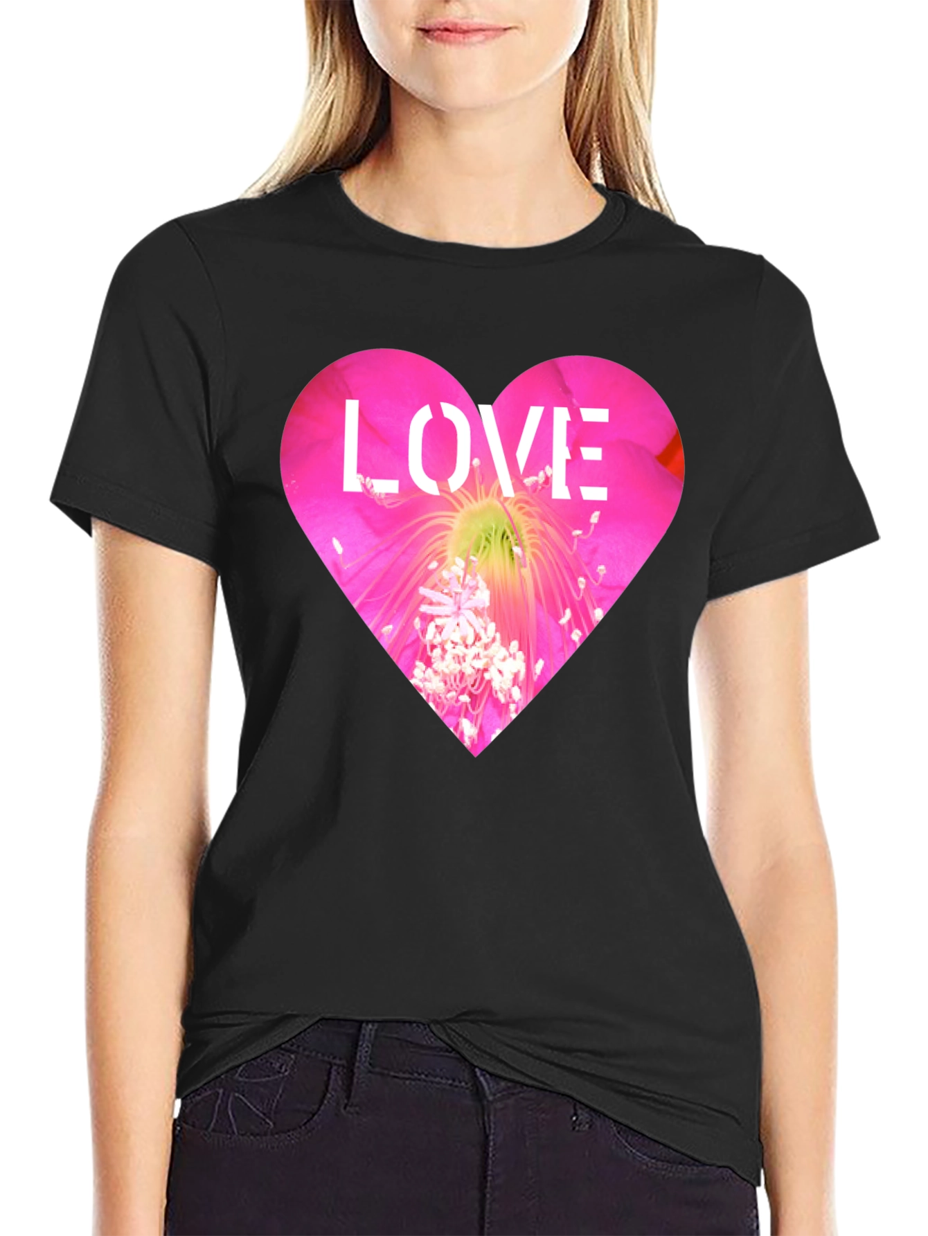 Love Heart Flower Graphic Black T-Shirt