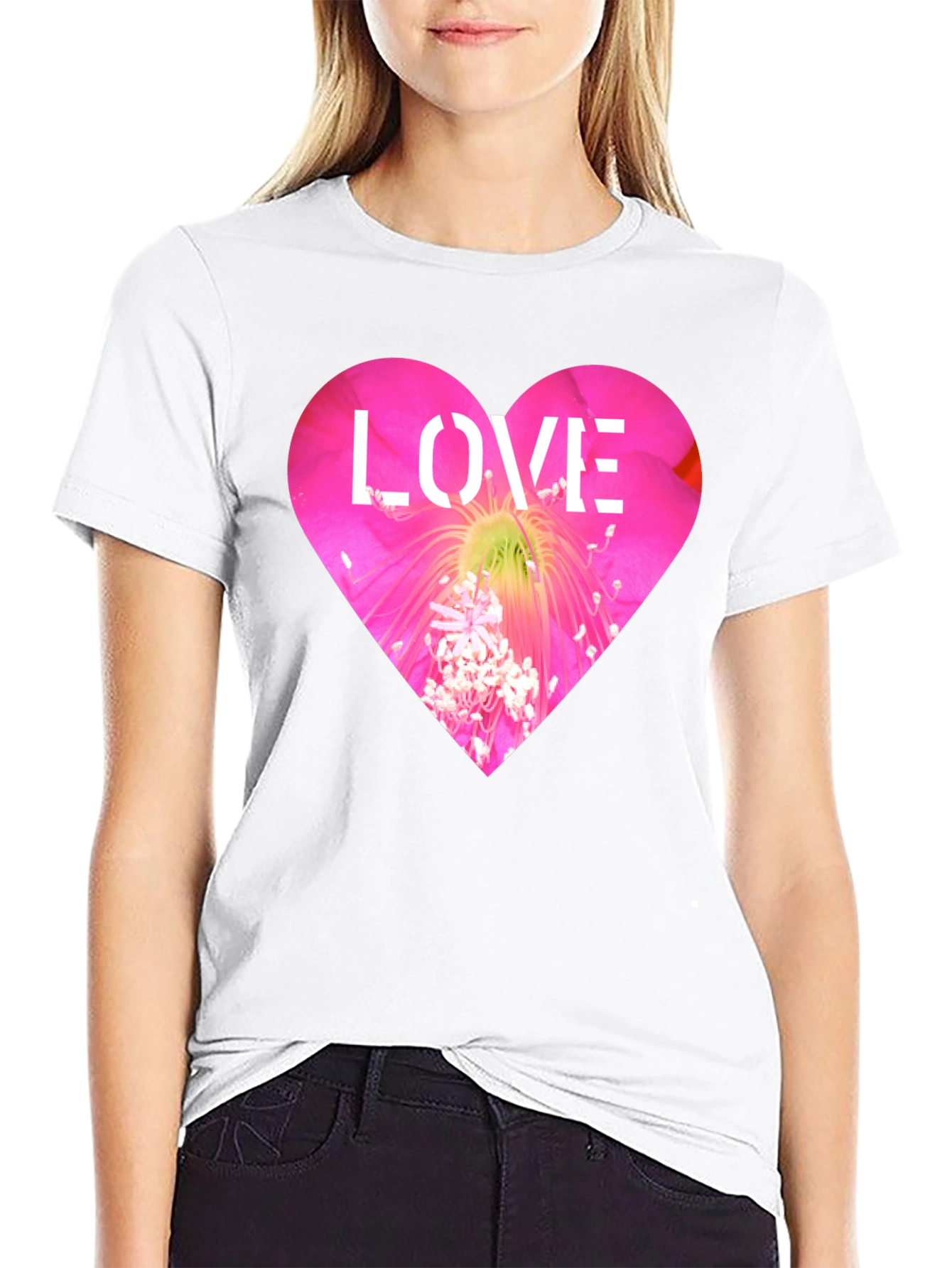 Love Heart Flower Graphic Black T-Shirt