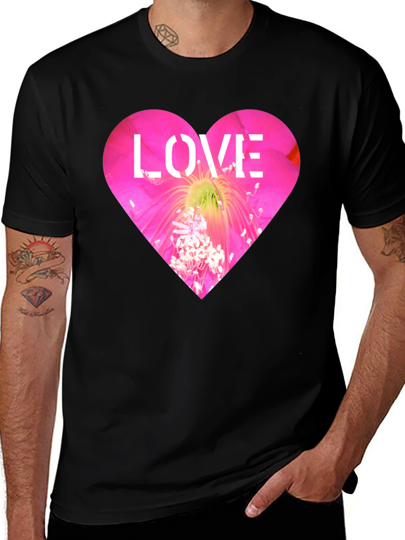 Love Heart Flower Graphic Black T-Shirt