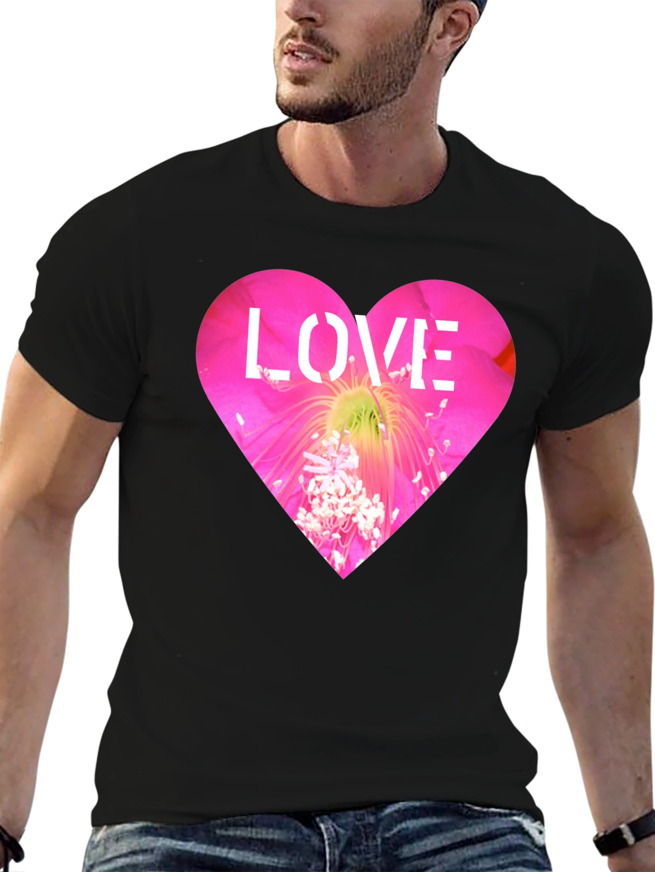 Love Heart Flower Graphic Black T-Shirt