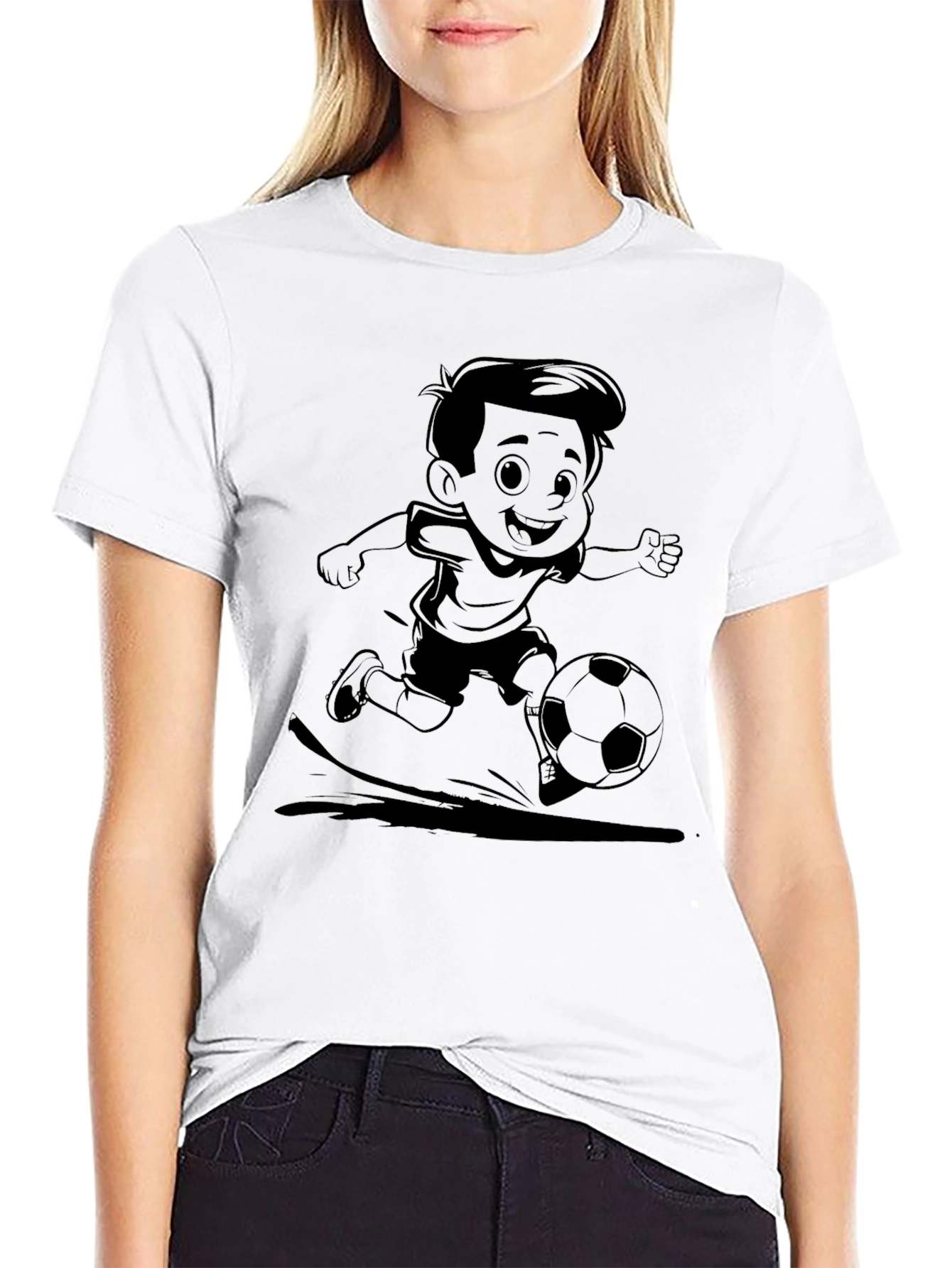 Boy Soccer Cartoon Black T-Shirt
