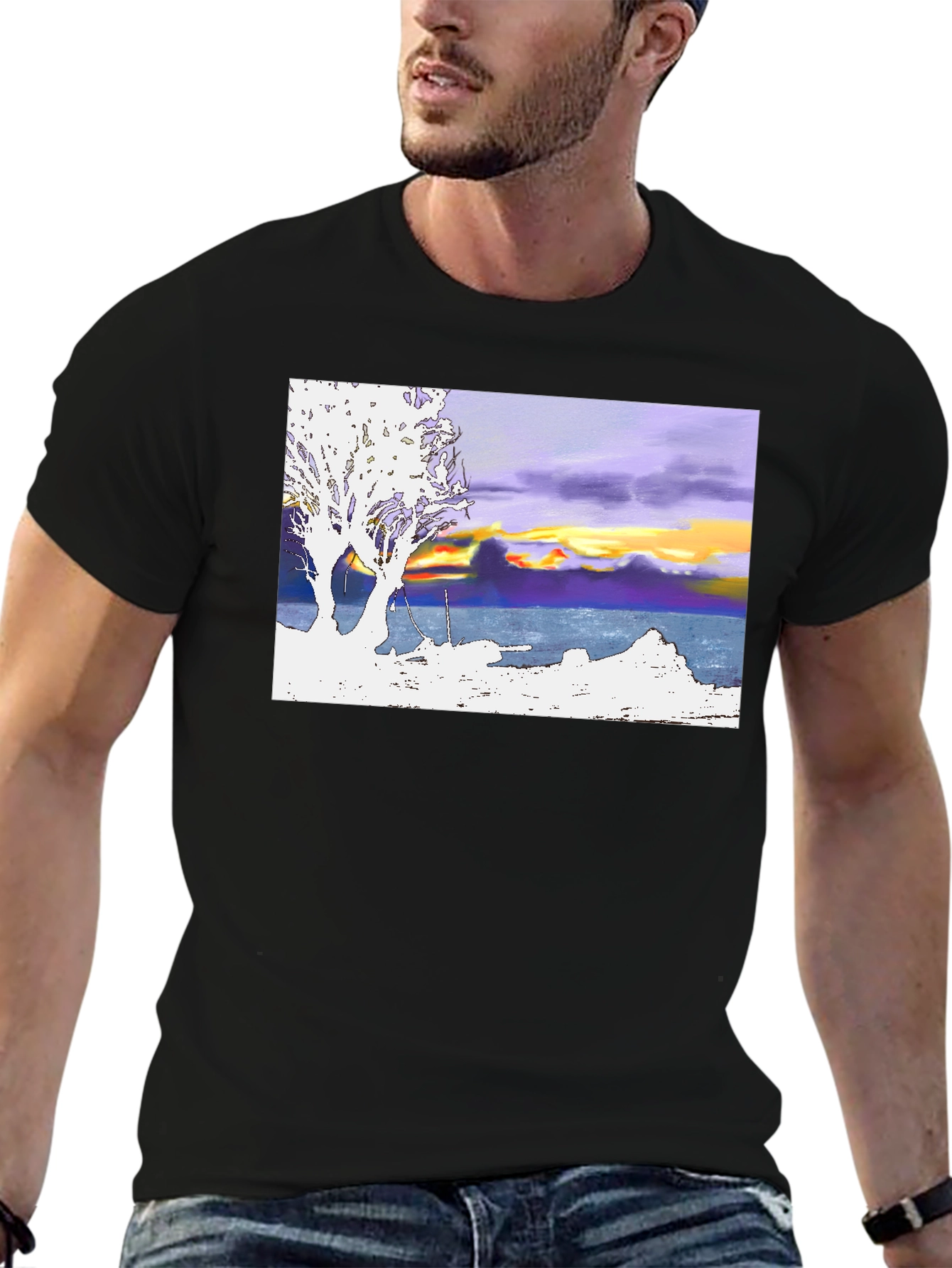 Sunset Coastline T-Shirt: Artistic Graphic Tee
