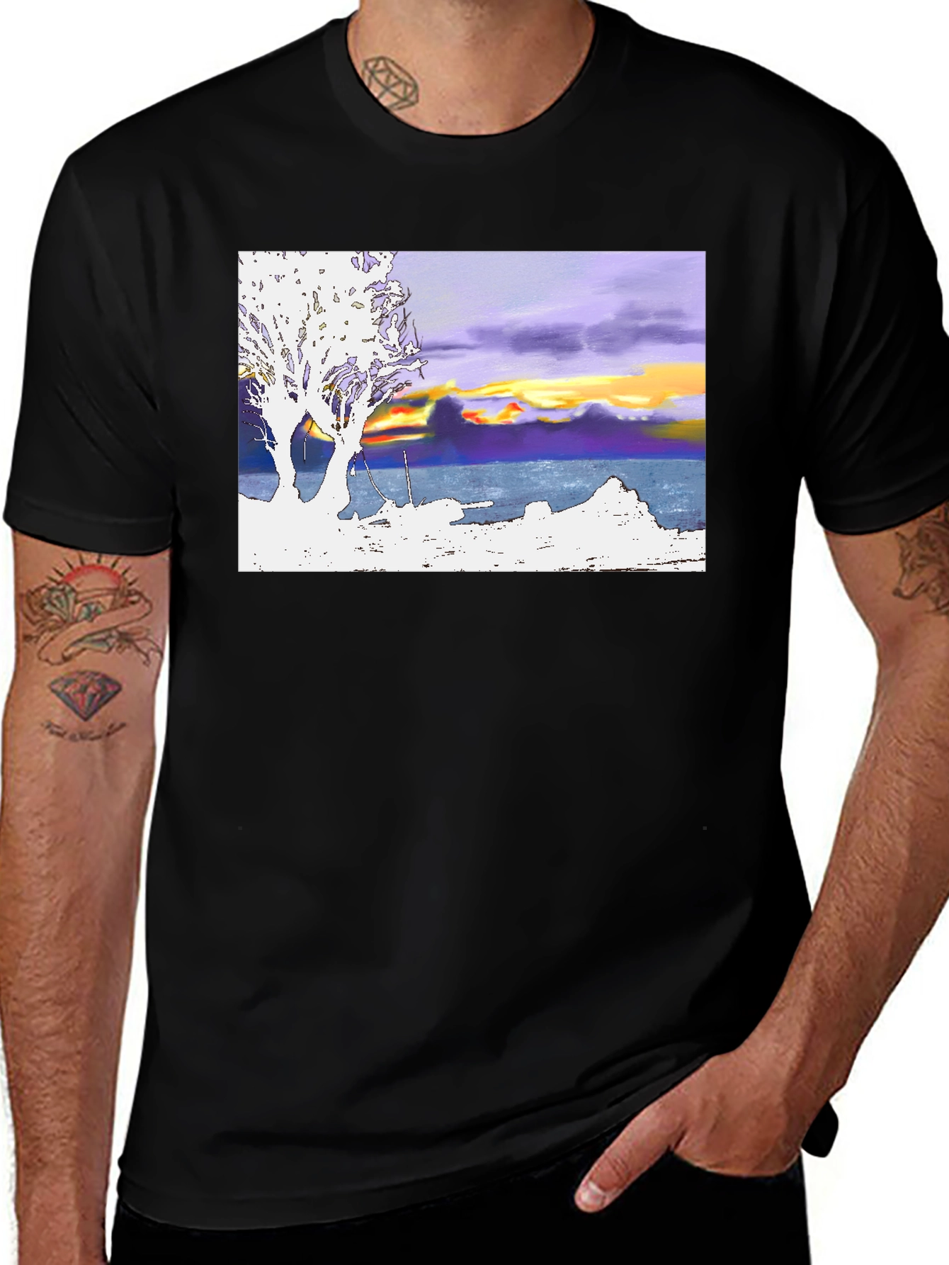 Sunset Coastline T-Shirt: Artistic Graphic Tee