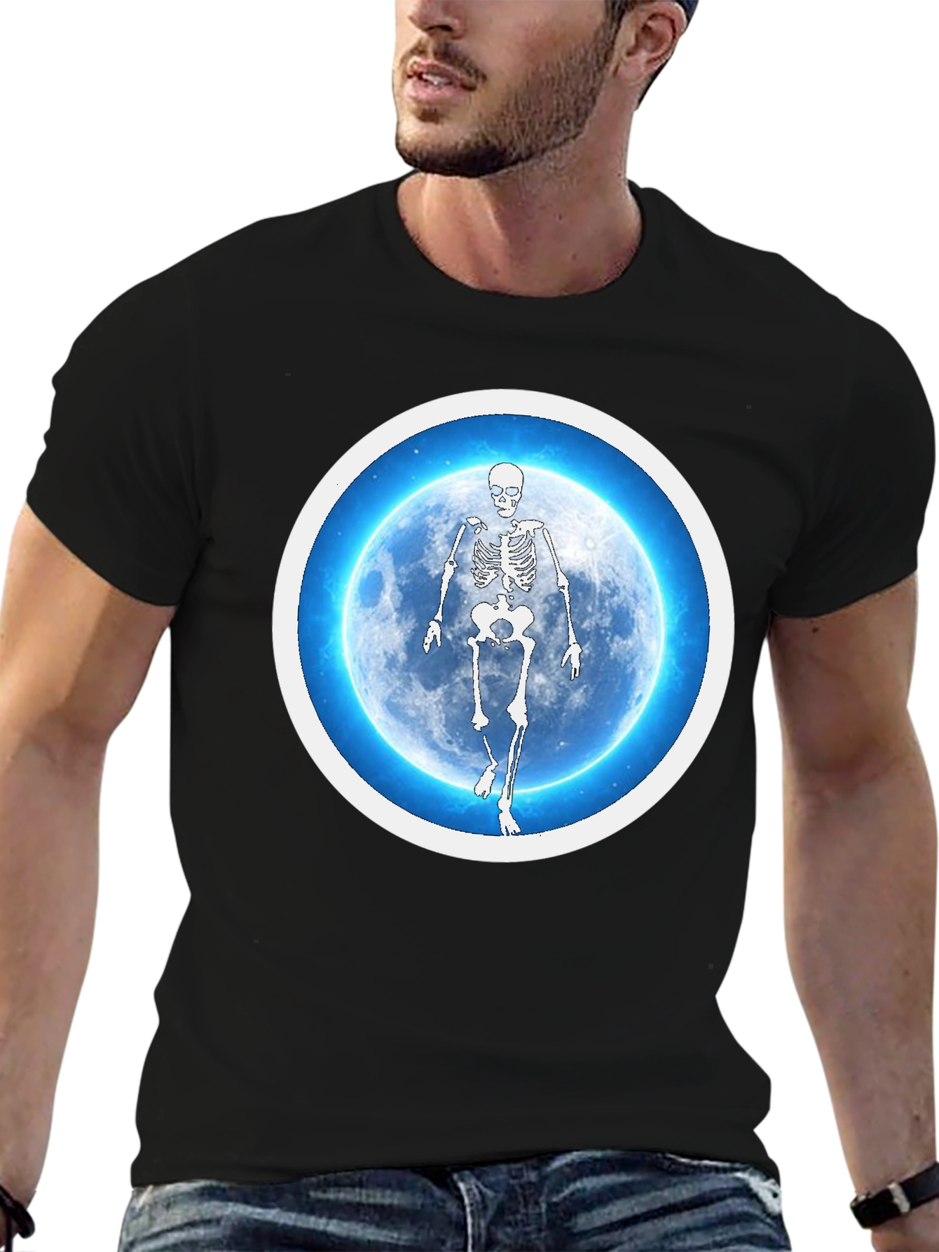 Skeleton Moon Graphic Tee - Black Cotton Blend