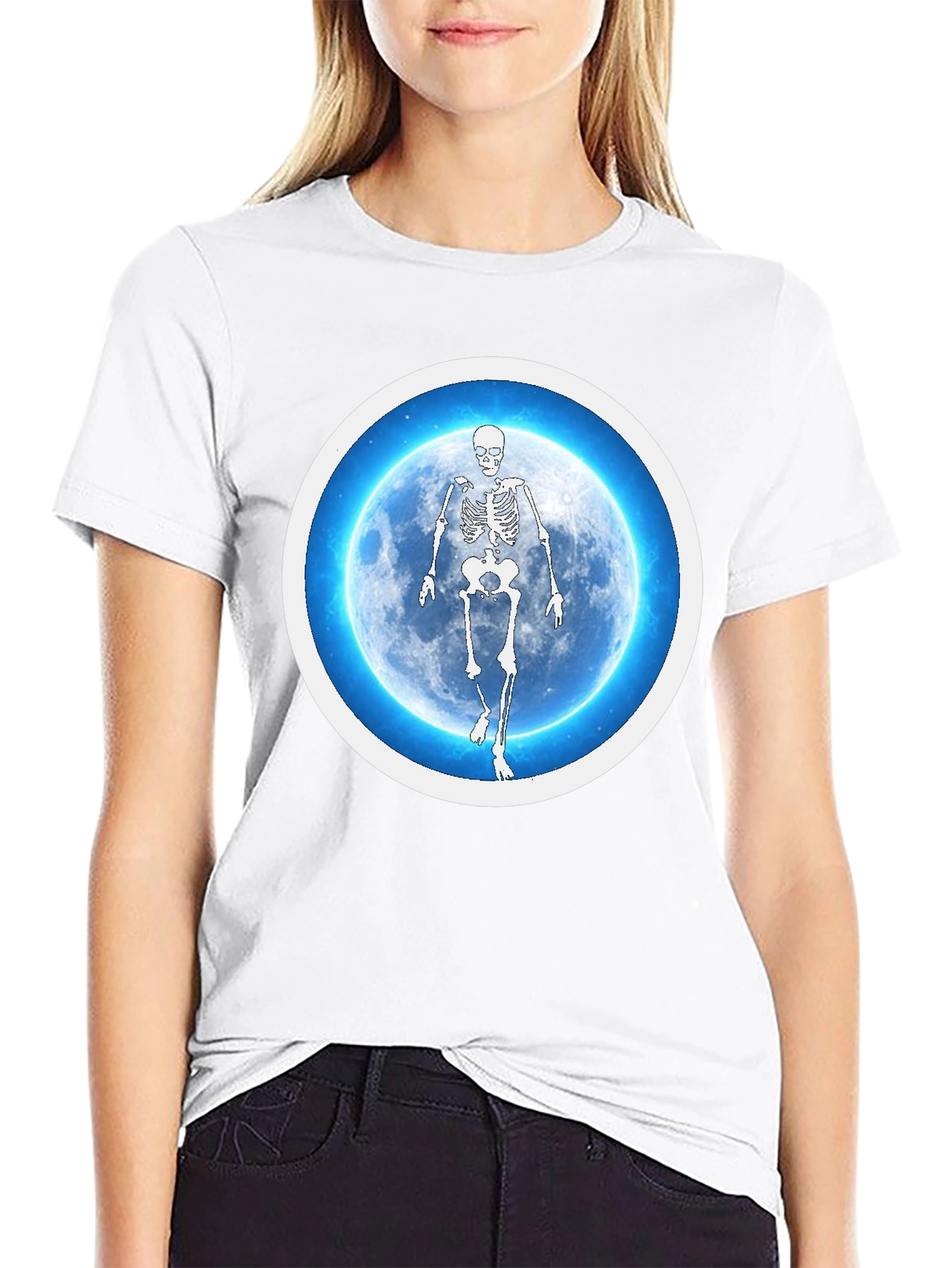Skeleton Moon Graphic Tee - Black Cotton Blend