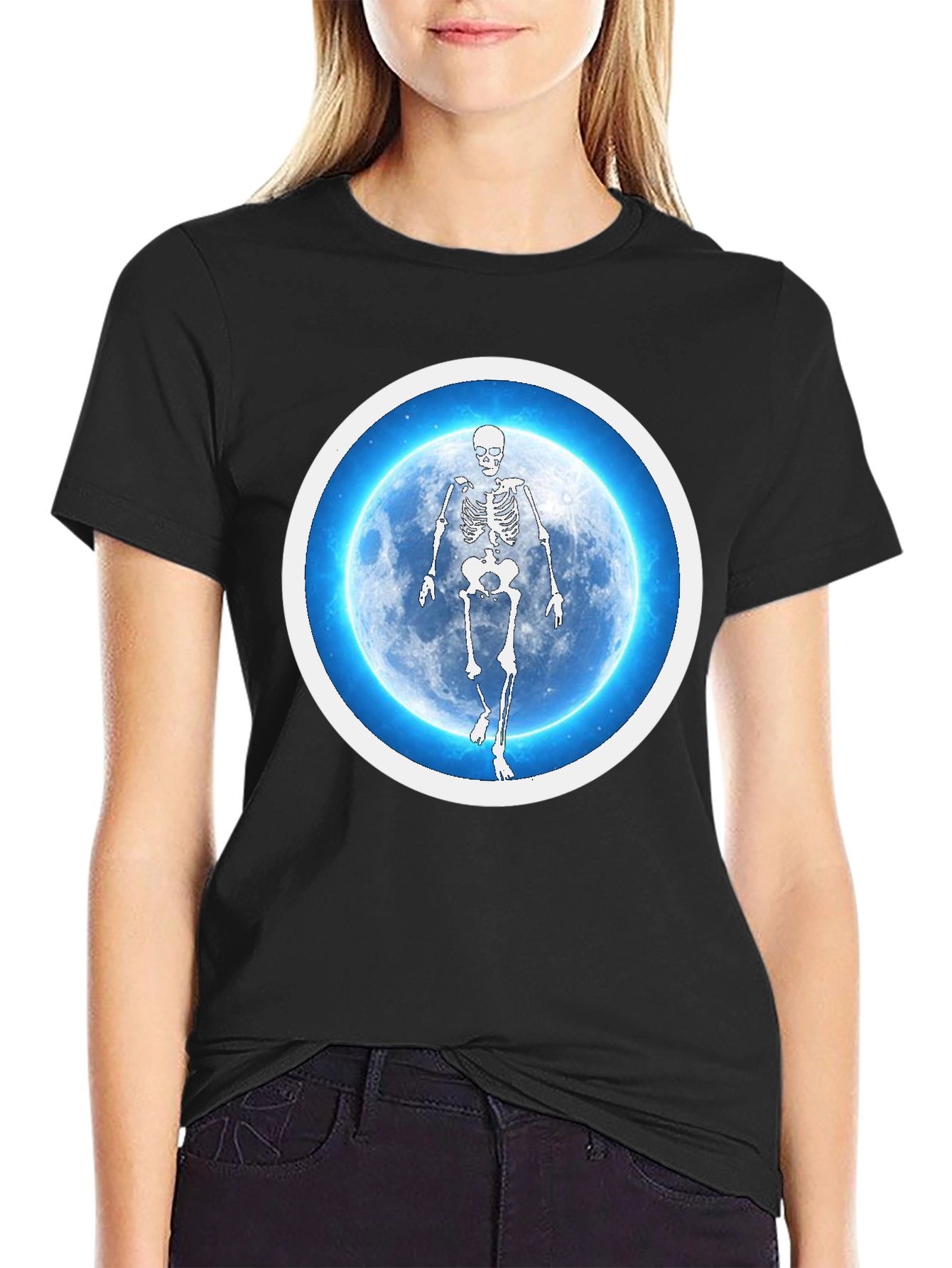 Skeleton Moon Graphic Tee - Black Cotton Blend