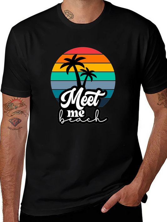 Meet Me At The Beach Graphic Tee - Retro Sunset Palm Tree T-Shirt