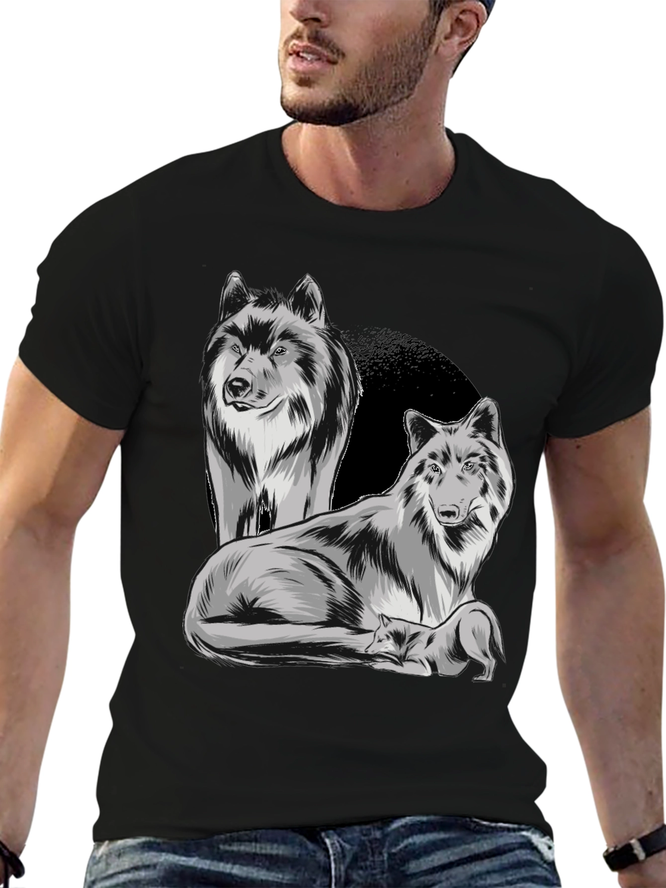 Wolf Pack Graphic Tee - Black Cotton Blend T-Shirt