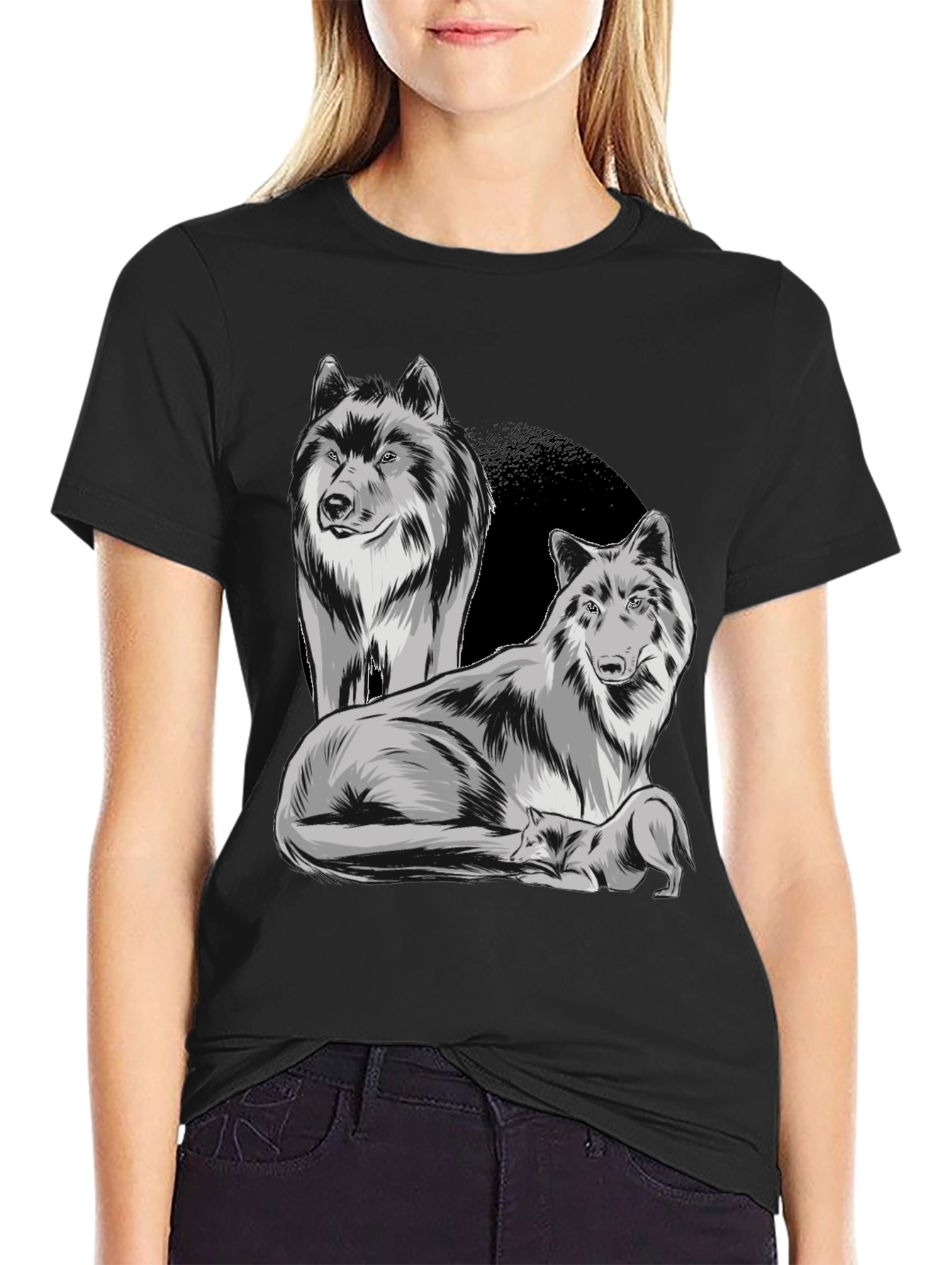 Wolf Pack Graphic Tee - Black Cotton Blend T-Shirt