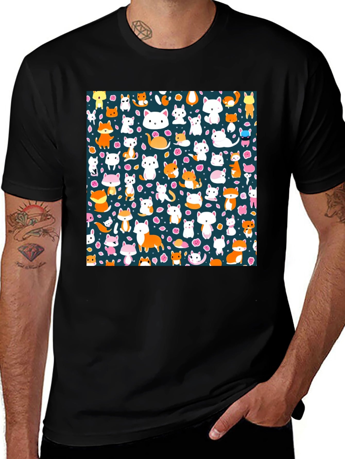 Animal Print T-Shirt - Cute Cats & Foxes
