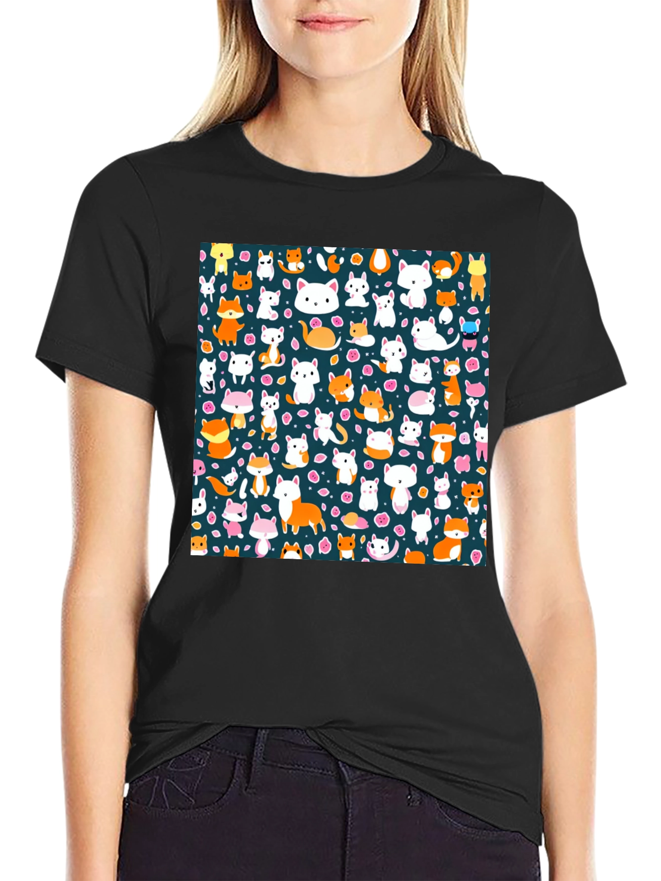 Animal Print T-Shirt - Cute Cats & Foxes