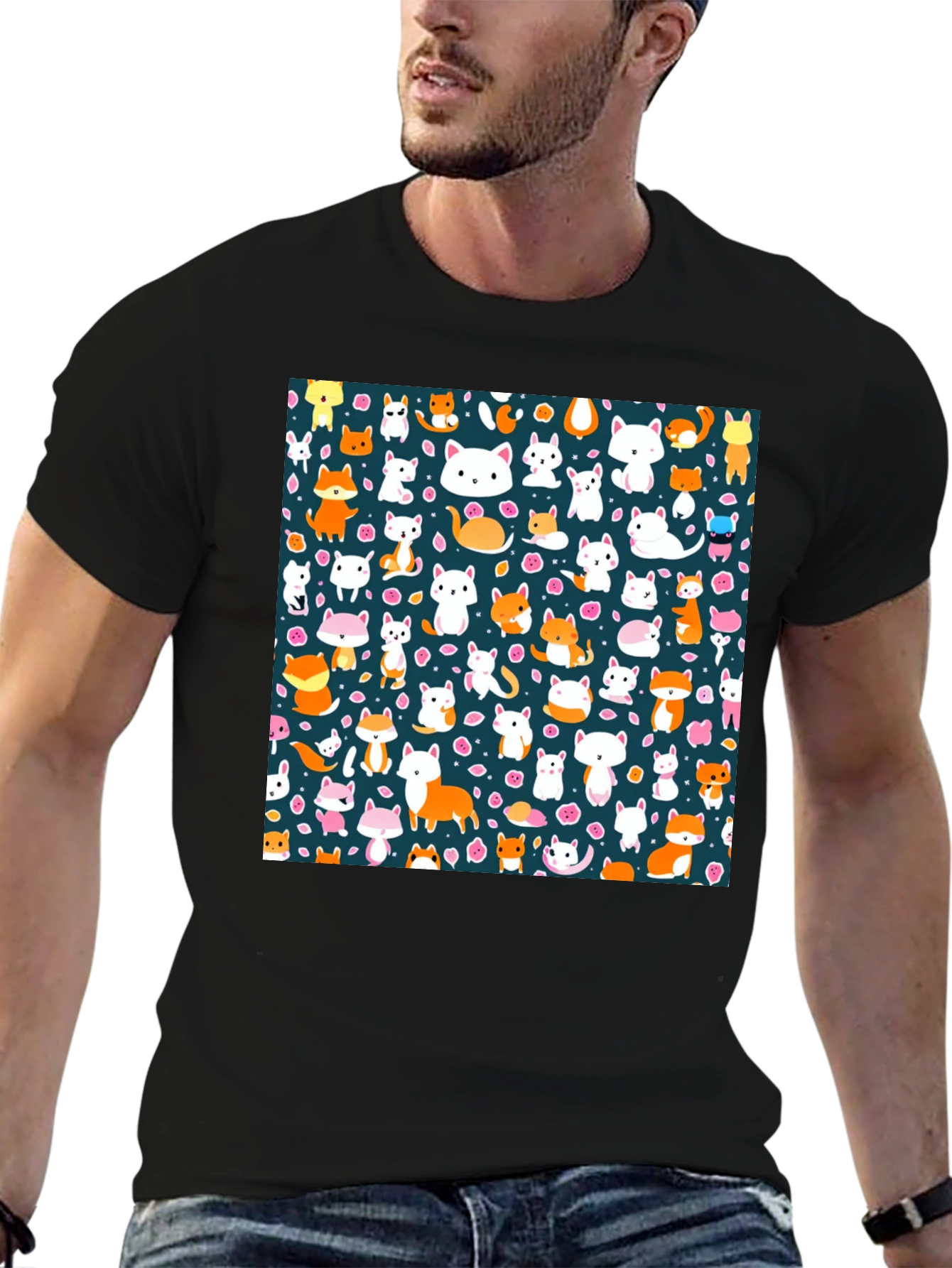 Animal Print T-Shirt - Cute Cats & Foxes
