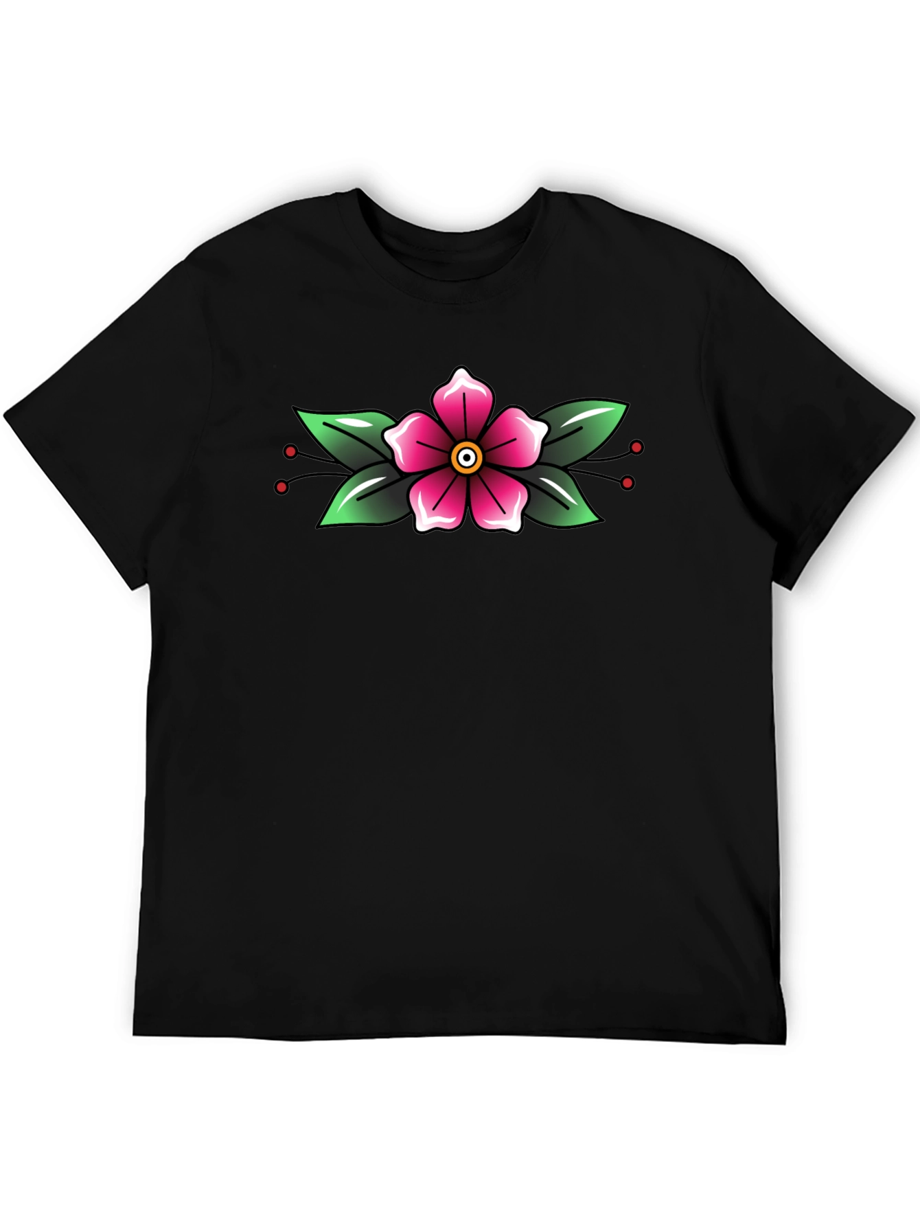 Black T-Shirt with Floral Tattoo Style Design