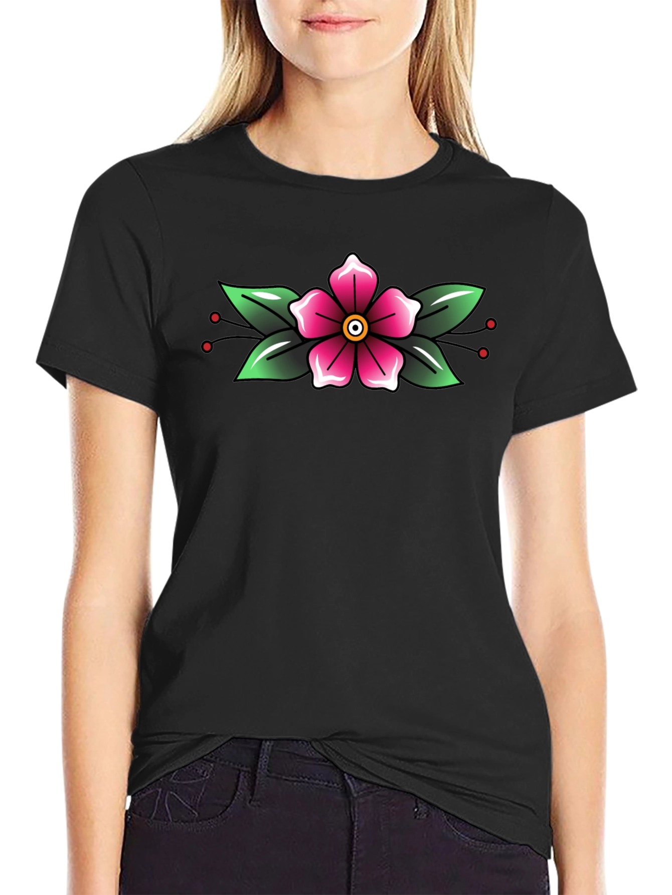 Black T-Shirt with Floral Tattoo Style Design